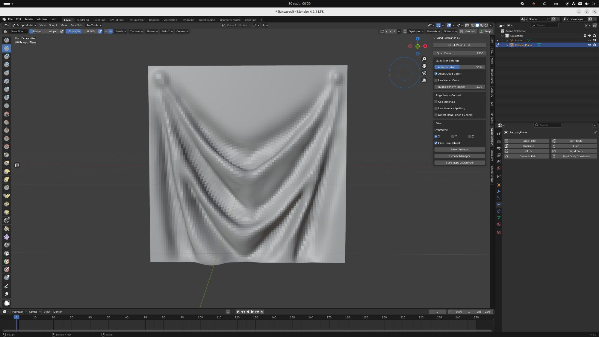 Inside Blender, a 3D sculpture of folds on a hanging sheet