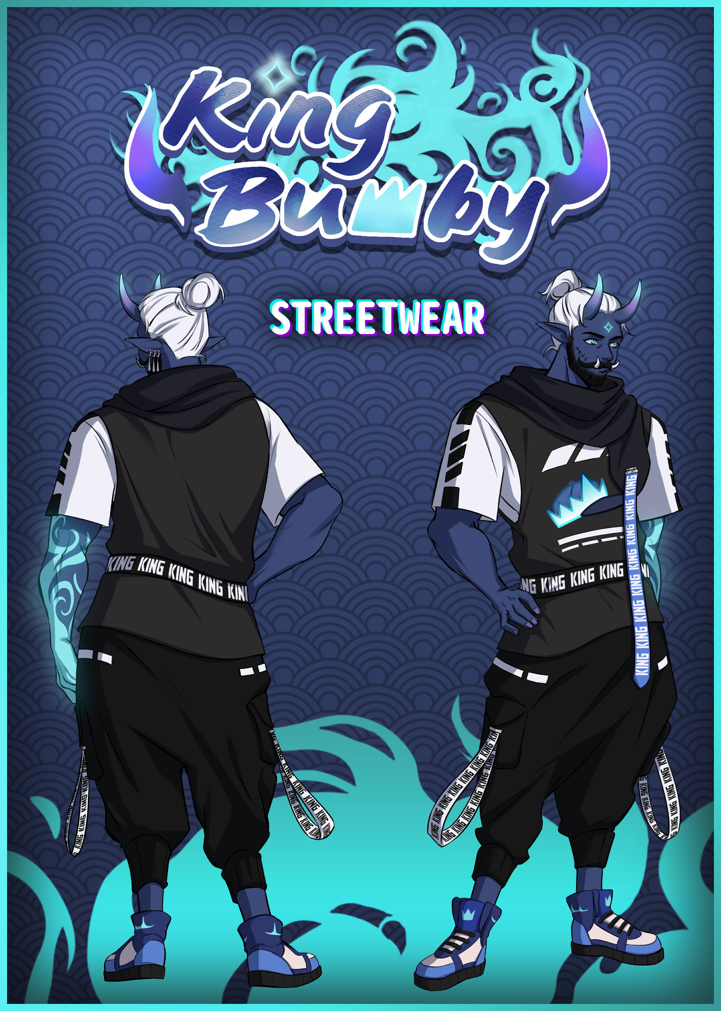 Reference for an outfit on King. He wears techwear/streetwear.