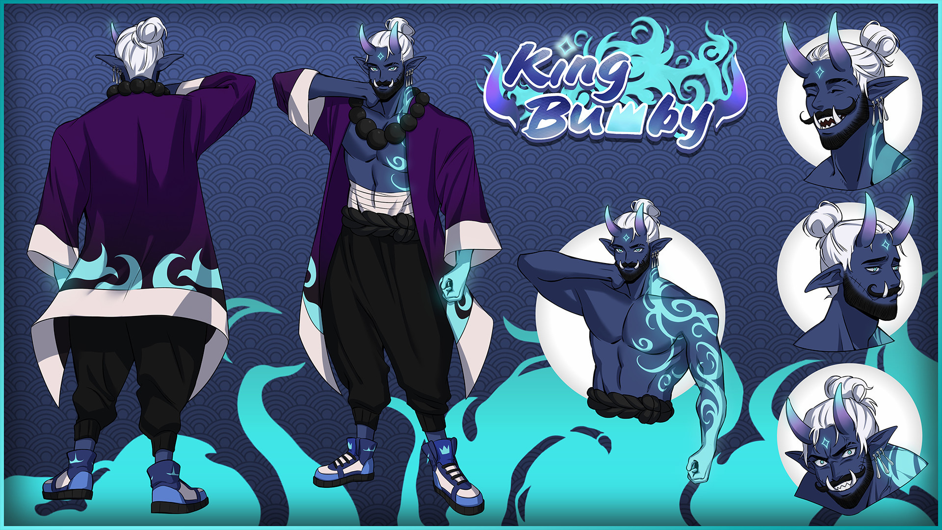 Reference sheet for King, a Blue Oni. It shows off his tattoos, and has 3 expressions depicted on the Right side of the sheet: Happy, Sad, and Rageful.