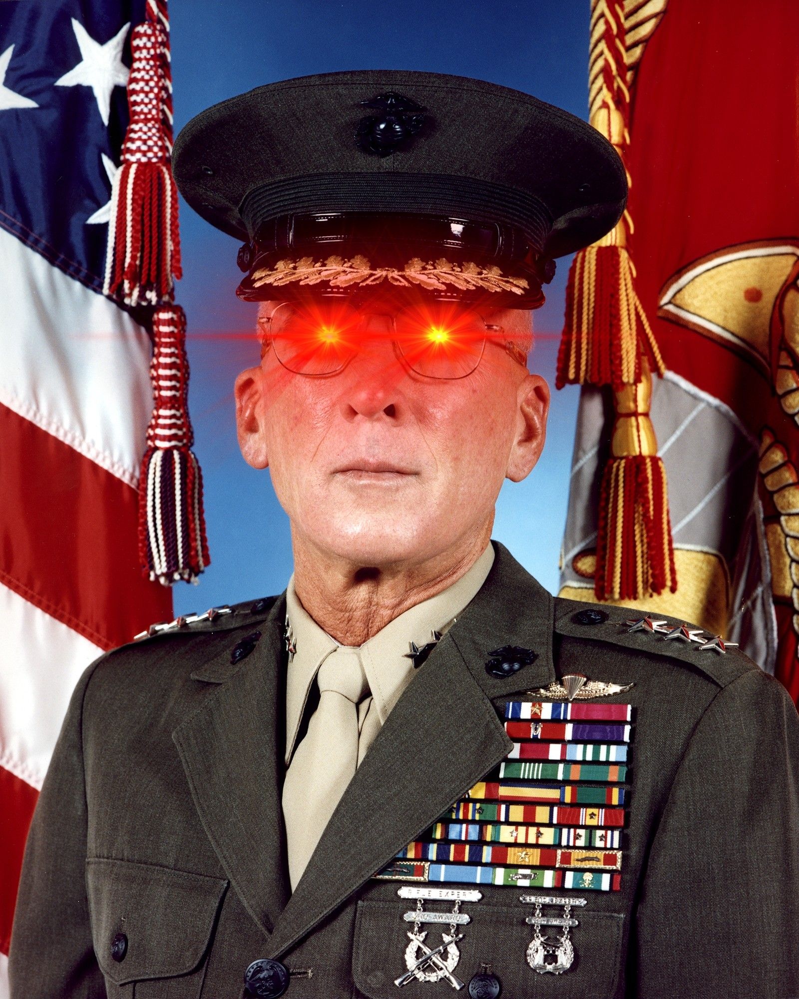 Official portrait of retired US Marine Corps Lieutenant General Paul K. Van Riper, edited to add laser eyes