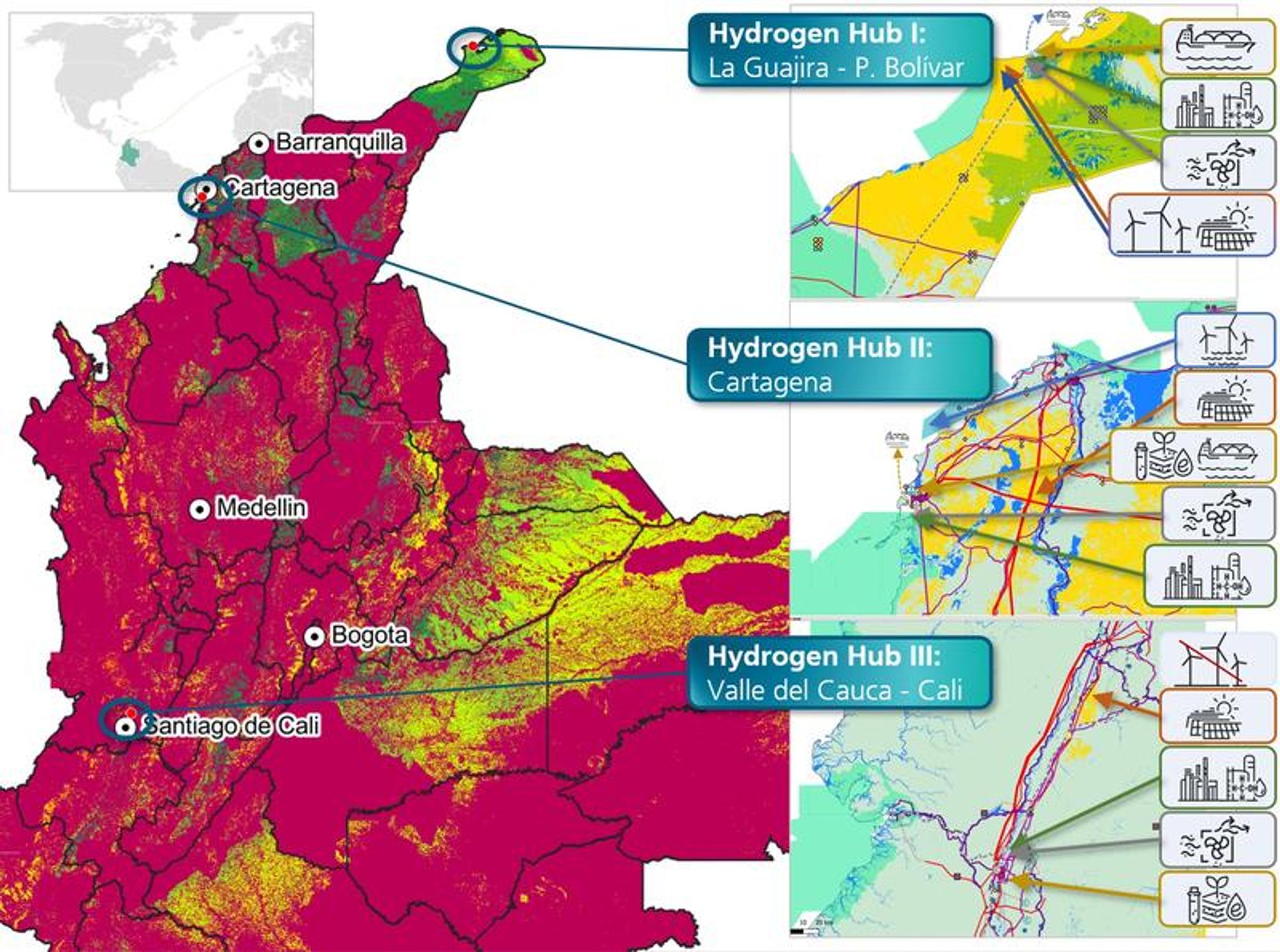 The “Power-to-X Colombia” study identifies potential locations for large-scale Power-to-X production: wind and solar parks, CO2 sources, water and infra-structure (power grids, roads, ports) are required. - Copyright Fraunhofer ISE 