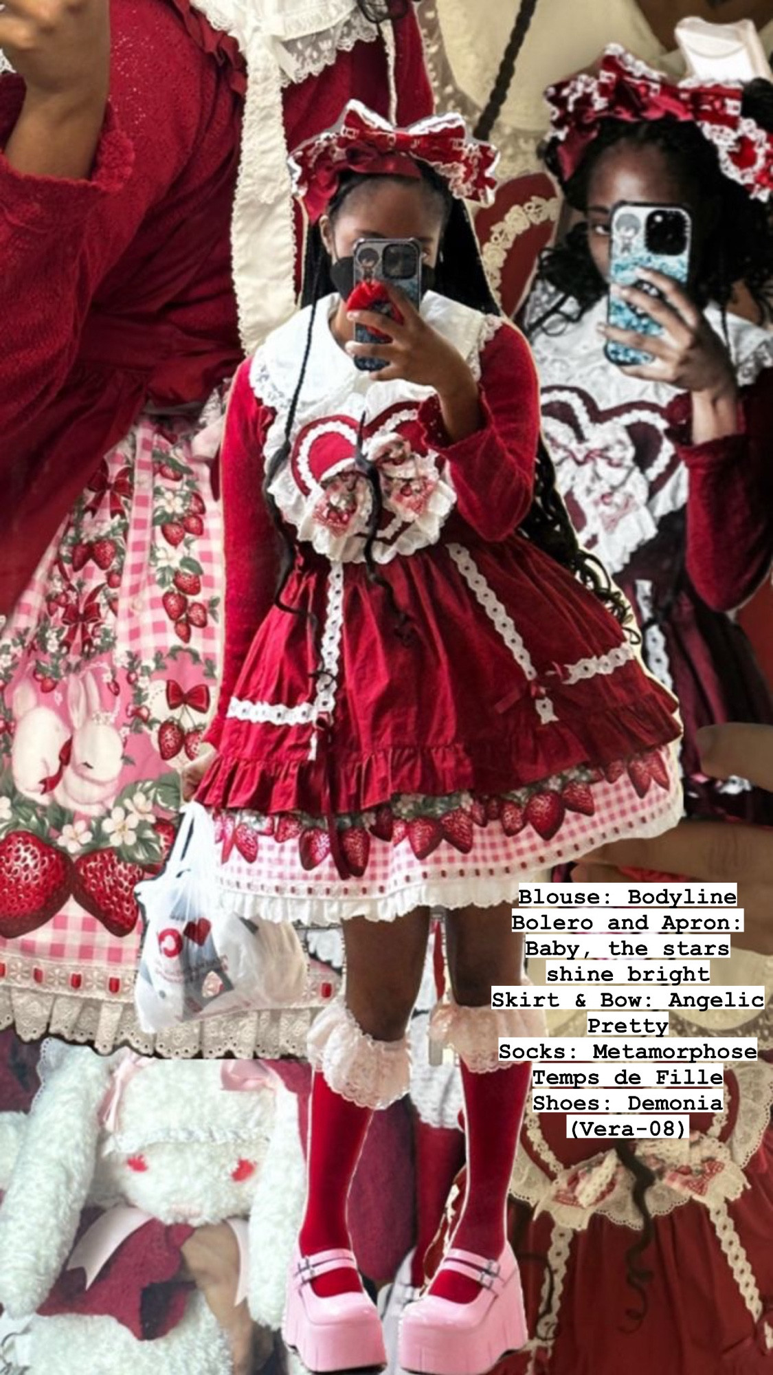 Mirror selfie of me in my coord, the background being a scrapbook compilation of other parts of my coord. On the right side there is a coord breakdown; Blouse: Bodyline, Bolero & Apron: Baby the Stars Shine Bright, Skirt & Bow: Angelic Pretty, Socks: Metamorphose Temps de Fille, Shoes: Demonia (Vera-08)