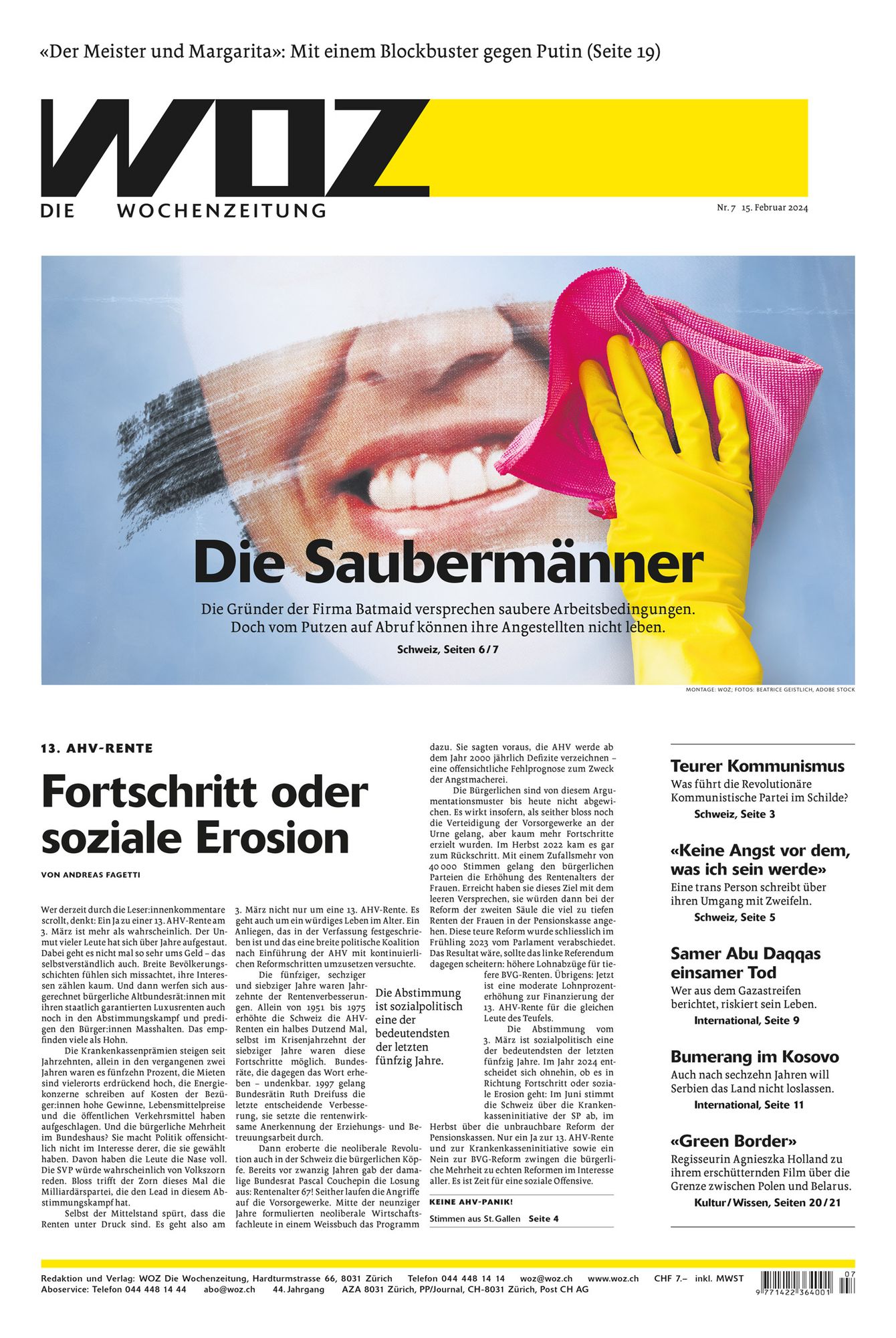 Titelseite der WOZ von morgen Donnerstag mit folgenden Titeln: «Die Saubermänner: Die Gründer der Firma Batmaid versprechen saubere Arbeitsbedingungen. Doch vom Putzen auf Abruf können ihre Angestellten nicht leben»; «13. AHV-Rente: Fortschritt oder soziale Erosion»; «‹Der Meister und Margarita›: Mit einem Blockbuster gegen Putin».