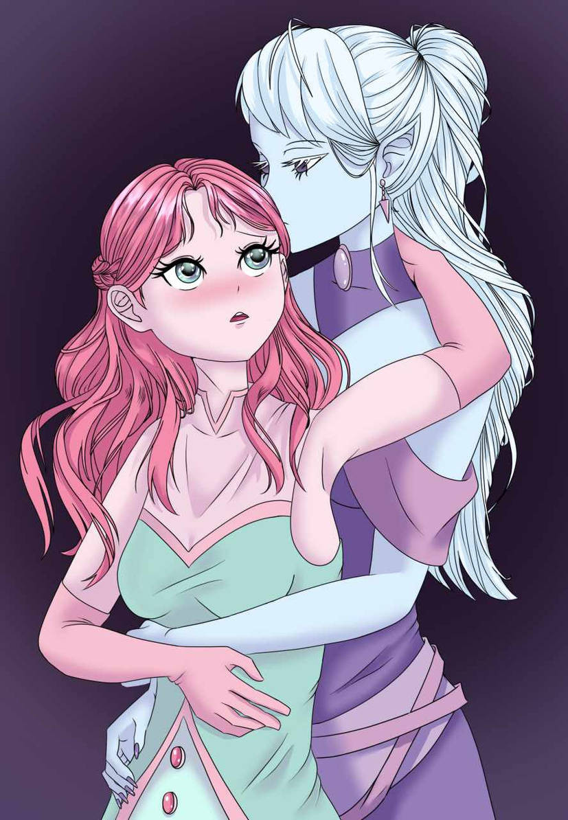 a white-haired female drow hugging a human, magical girl with pink hair from behind