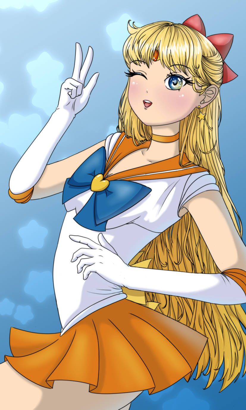 sailor v a blonde sailor scout with a orange skirt, blue bow on her chest, and white top