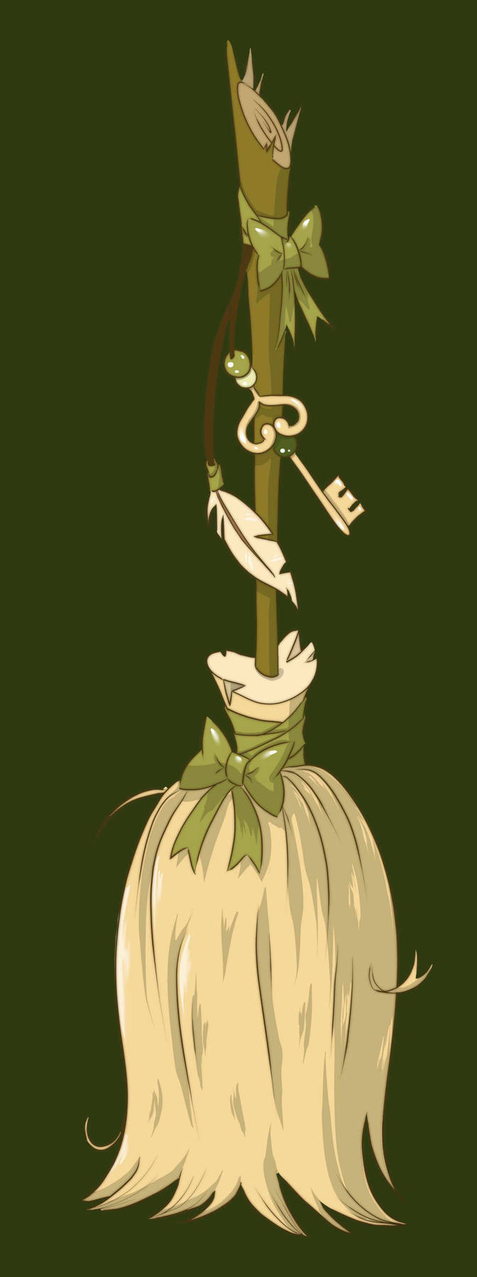 witch's broom standing up with a key and feather on a string, colors green and yellow