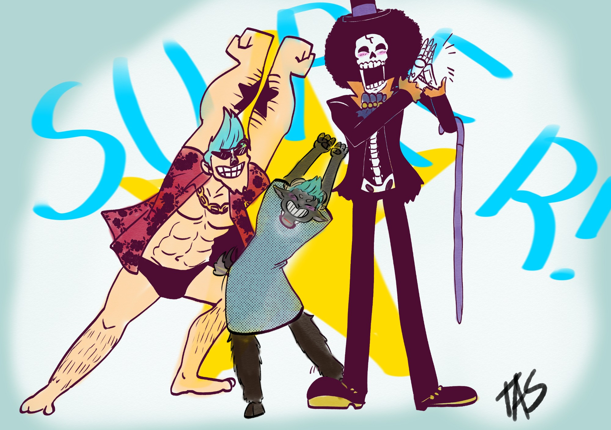 Franky and Artists' Sona doing the SUPER pose with Brook clapping. 

[Storytime] 
Very long storytime. Along the way I became a HUGE Brook and Franky fan ( still am they are 1st and 2nd place respectfully on all my lists regarding one piece). But i had to get my thyroid removed and remeber printing out a piece of paper with frankys star and brooks jolly rodger head and having it be a good luck charm/comfort for me when i went under. And it paid off, they had to stop the surgery halfway and id have to rescedule in a year to get the 2nd half removed due to its size. I almost lost my voice but i had a great medical team and voice therapy. Between that and ReReading Skypeia at the time ( which became one of my favorite arcs) this was the pinacle of one piece meaning alot to me. 