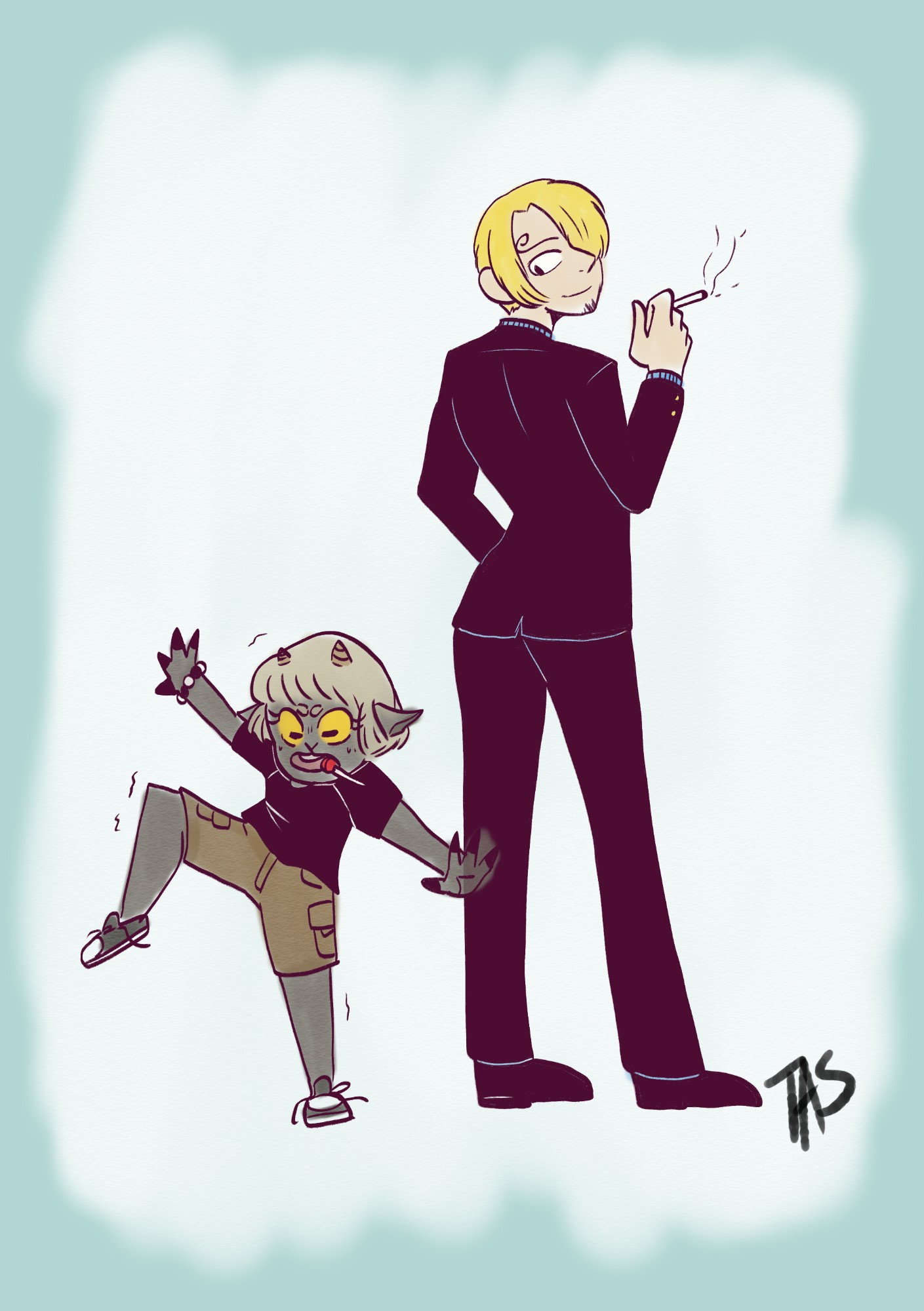 Drawing of Sanji looking over his shoulder at the artists' child persona. Attempting to balance on one leg like him and has a red lollipop.
[Storytime]
I grew up on the 4kids dubs and first  run of the manga. Lil me was hook line and sinker for Mr. Prince. I remember emulating him with lollipops. 