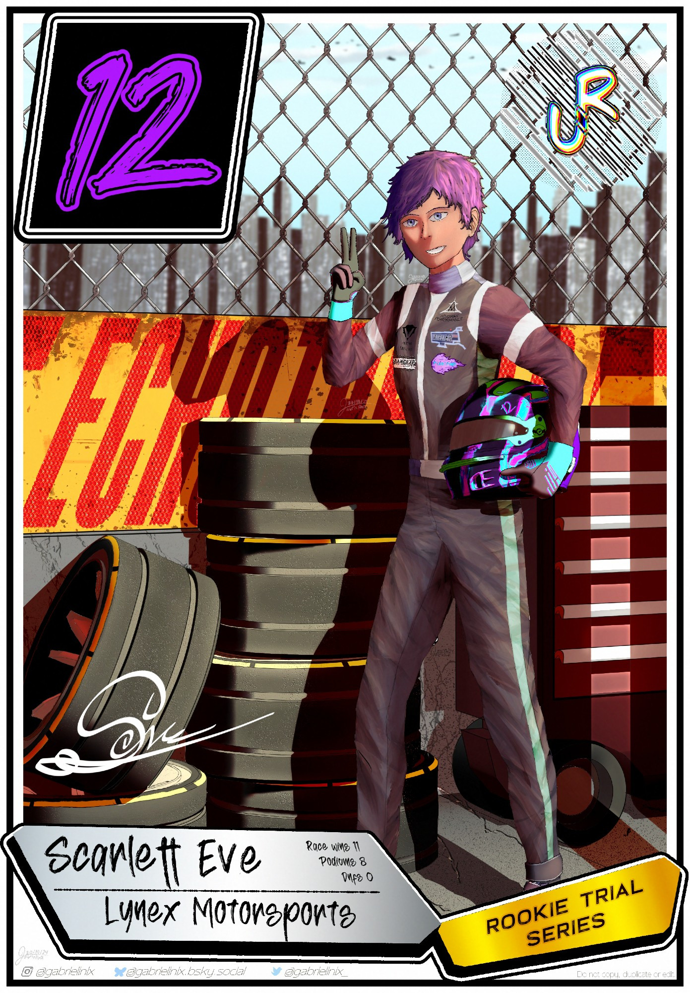 Trading card of a female racing driver, named Scarlett Eve, picture was taken as she participated in a rookie tournament, and was used in a small run of a collection trading card series, she drove the number 12 for Lynex Motorsports, a sponsor of the tournament.