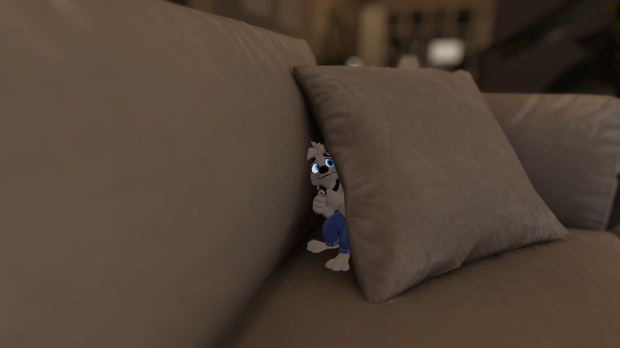 VRChat photo: A small Artie shyly peeking out from behind a pillow on a couch