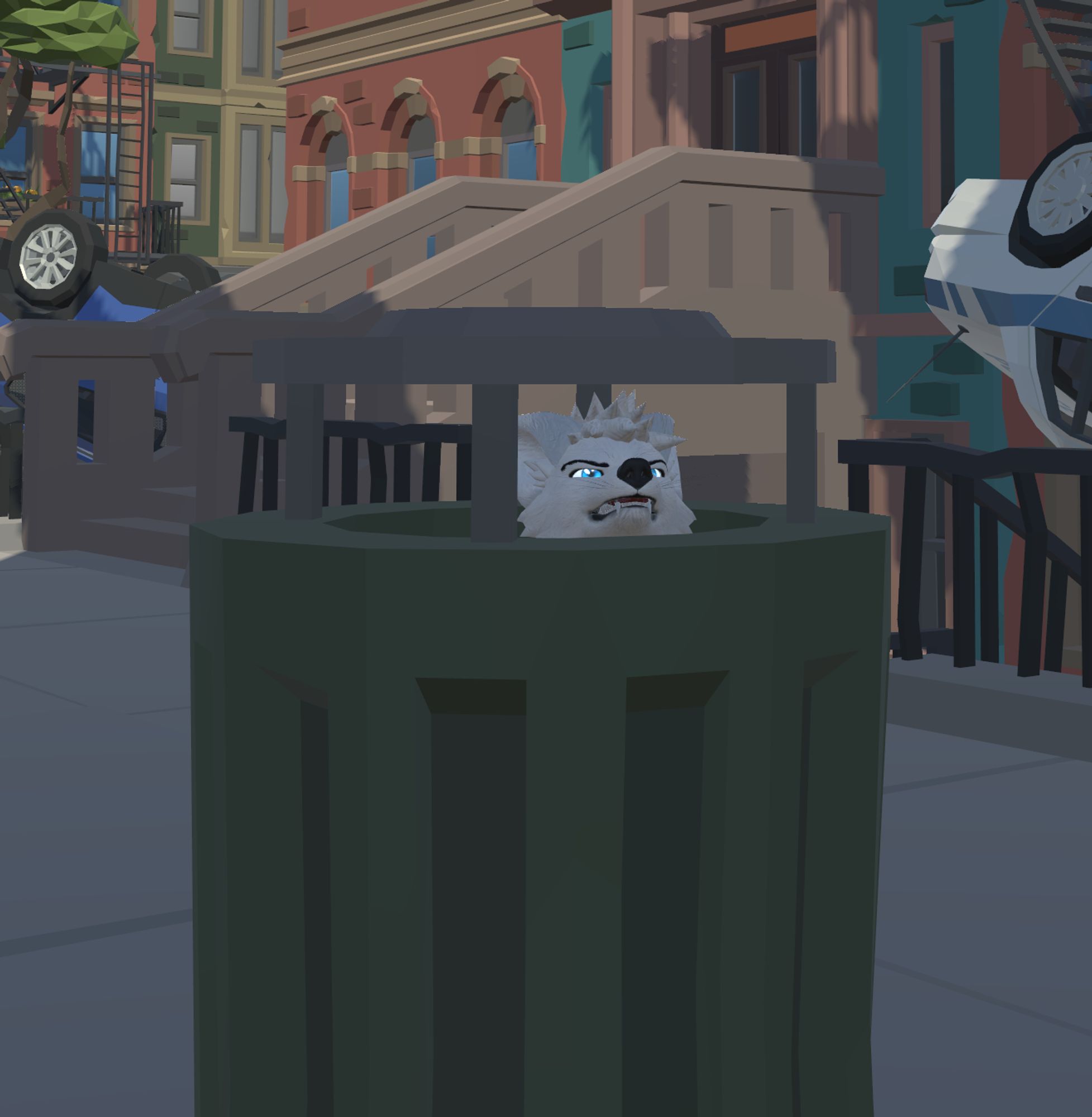 A VRChat Photo - An outdoor trash can on a city street; Artie is inside it with just his head visible, looking out with an angry growling expression.