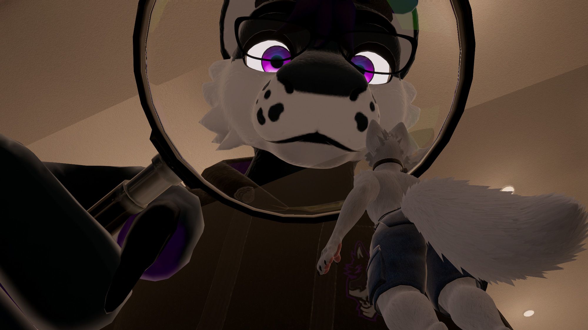 VRChat photo: Flamey looking down through a magnifying glass at a much much smaller Artie, the viewing angle from below, looking up past Artie at Flamey above.