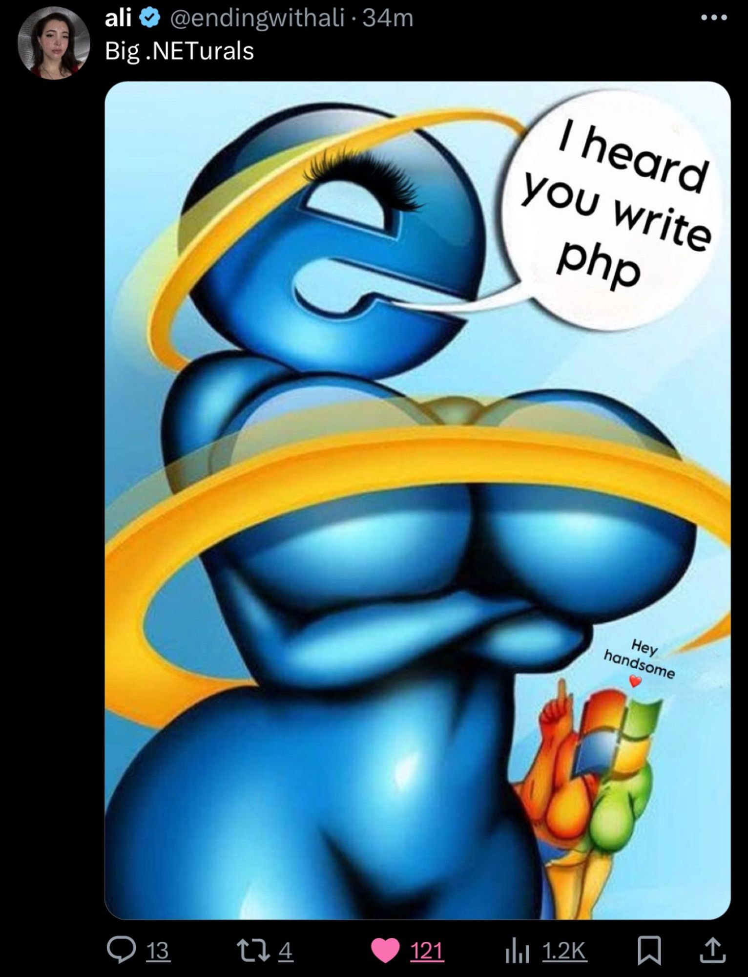 Feminine Internet Explorer 8 with large breasts, nipples covered by its yellow ring, supported by crossed arms beneath. The crotch is evident and shadowed. Behind is a similarly feminine rendition of Windows XP