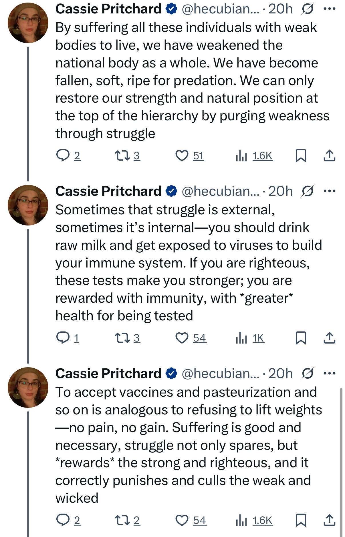 By suffering all these individuals with weak bodies to live, we have weakened the national body as a whole. We have become fallen, soft, ripe for predation. We can only restore our strength and natural position at the top of the hierarchy by purging weakness through struggle