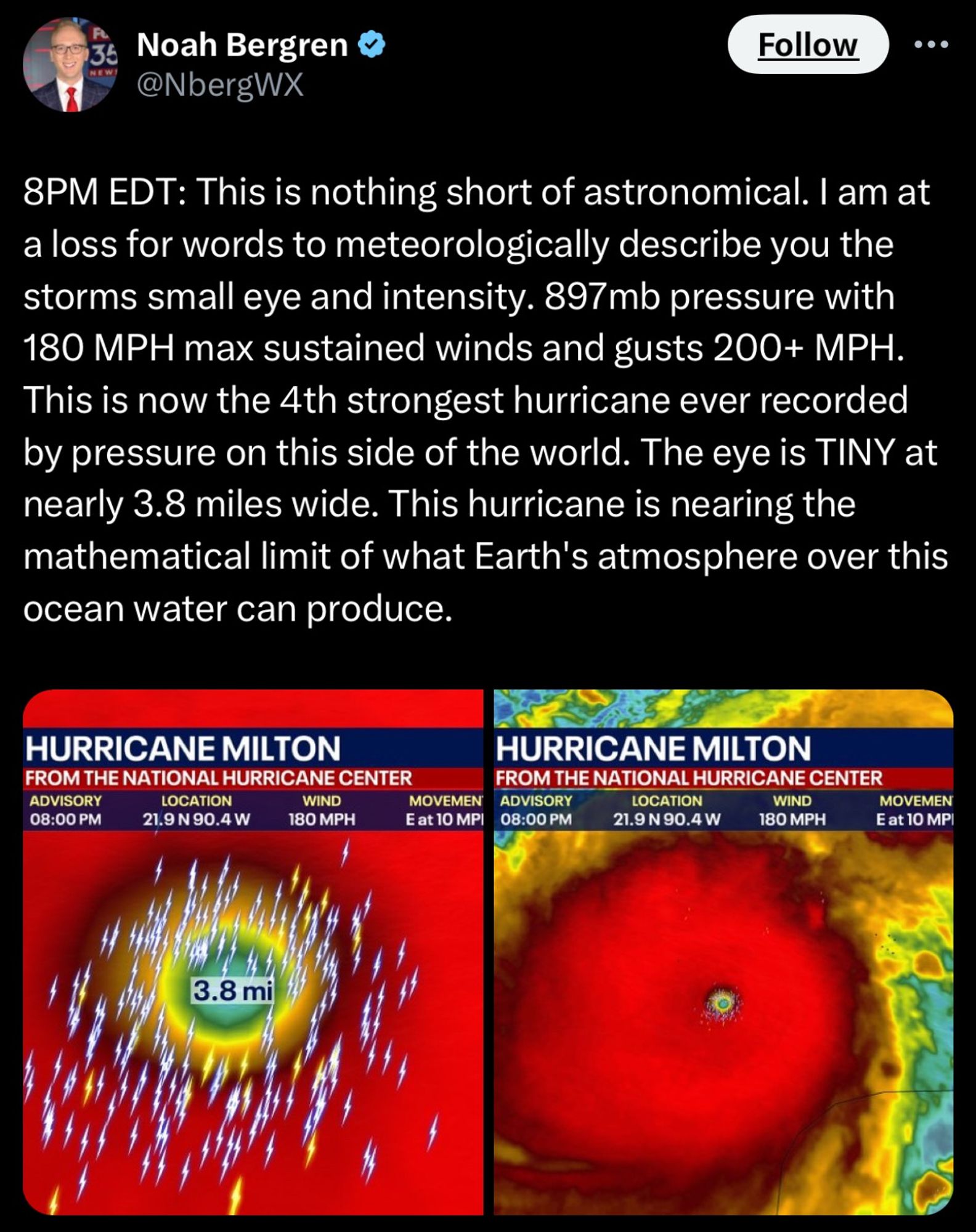 8PM EDT: This is nothing short of astronomical. I am at a loss for words to meteorologically describe you the storms small eye and intensity. 897mb pressure with 180 MPH max sustained winds and gusts 200+ MPH. This is now the 4th strongest hurricane ever recorded by pressure on this side of the world. The eye is TINY at nearly 3.8 miles wide. This hurricane is nearing the mathematical limit of what Earth's atmosphere over this ocean water can produce.