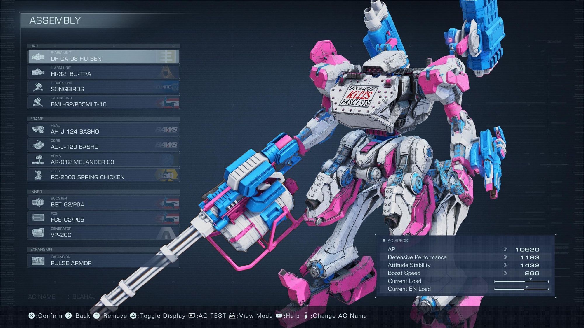 Armored Core 6 screenshot with a battle mech colored pink, white, and blue, and a decal on the front reading “this machine kills fascists”