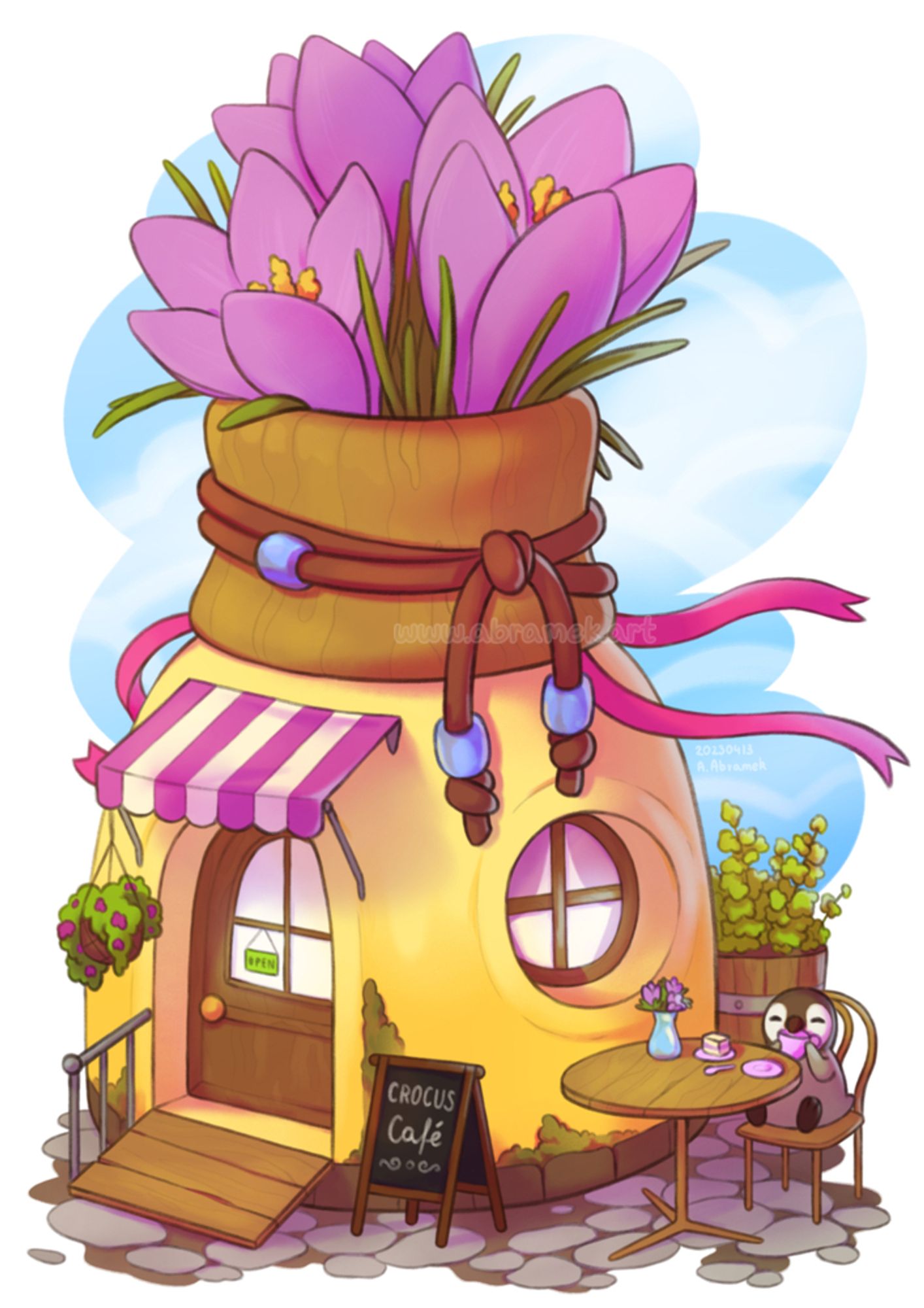 Digital illustration showing a little penguin enjoying a drink at a café. The building is shaped similar to a coffee pot, but has a roof made of a wooden plant pot with giant crocuses in it. In front of the building there are some regular flower pots and one outdoor table where the penguin is sitting. Some of the decorations around the café are blown by the gentle wind and the sky is sunny with soft clouds.