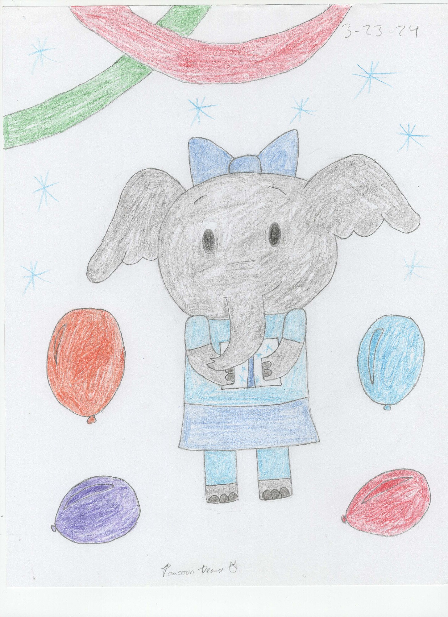 A drawing of Olive, one of the characters from the PBS Kids show Elinor Wonders Why, presenting a birthday present to the person for whom this drawing is for