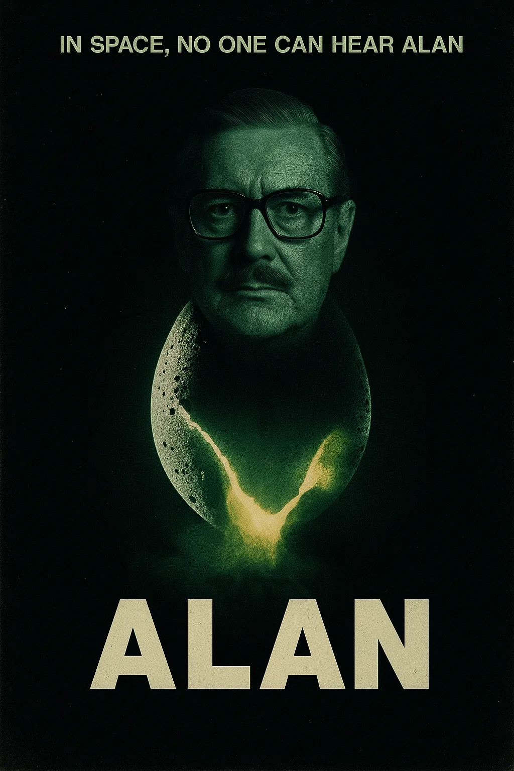 A hyper-dramatic 1970s-style sci-fi horror movie poster parody titled “ALAN,” inspired by the iconic Ridley Scott film “ALIEN.” The design is dark, minimalist, and cinematic: a vast black void of space with a mysterious green glow illuminating a cracked eggshell — but instead of an alien creature, Alan Whicker’s calm, bespectacled face is emerging from the shadows with a surreal, ominous expression. The tagline, in small retro font at the top, reads: “In space, no one can hear you Whicker.” The poster has a grainy, vintage texture, eerie green lighting, and bold block lettering for the title “ALAN” at the bottom.