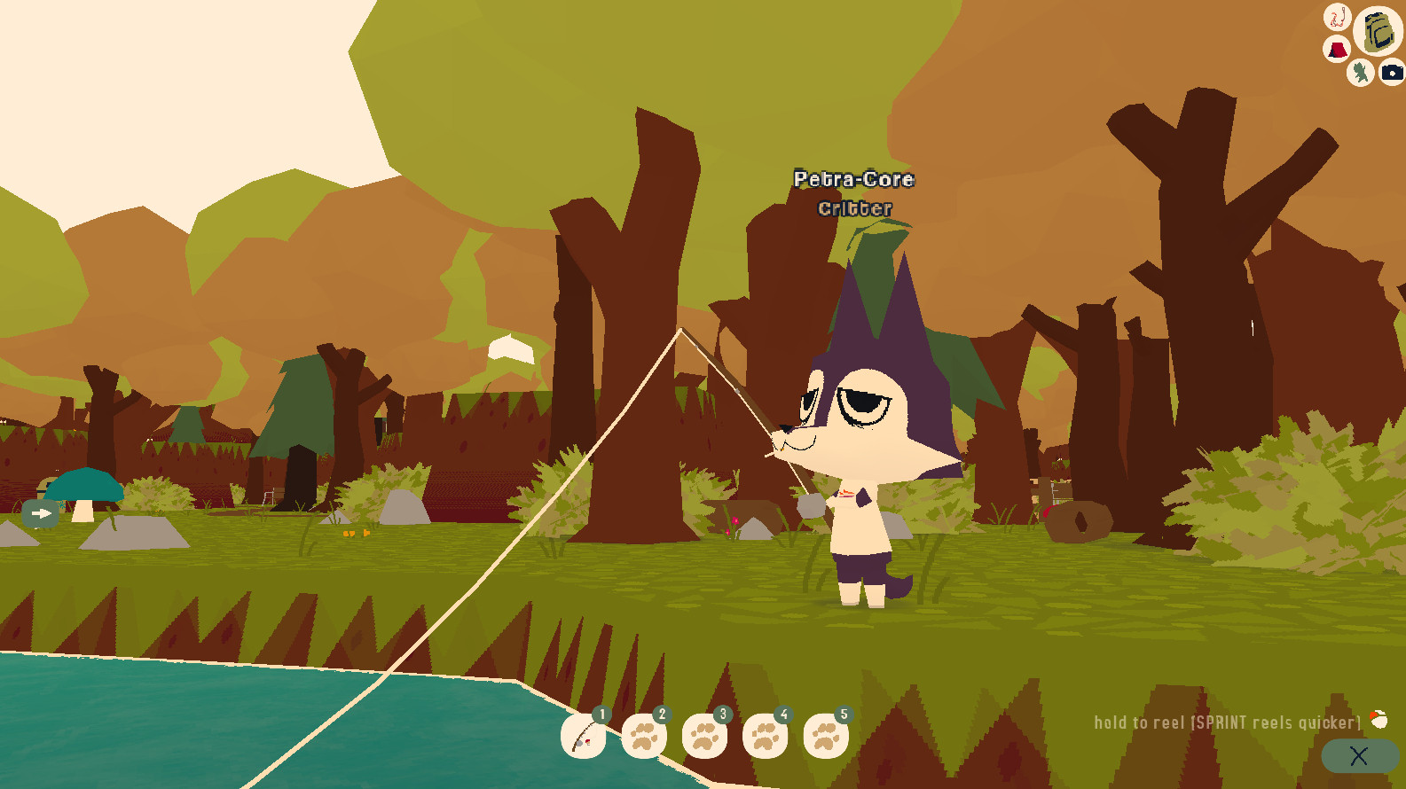 Screenshot from the game Webfishing of a purple and white furred creature fishing in a lake while wearing a lesbian fish shirt