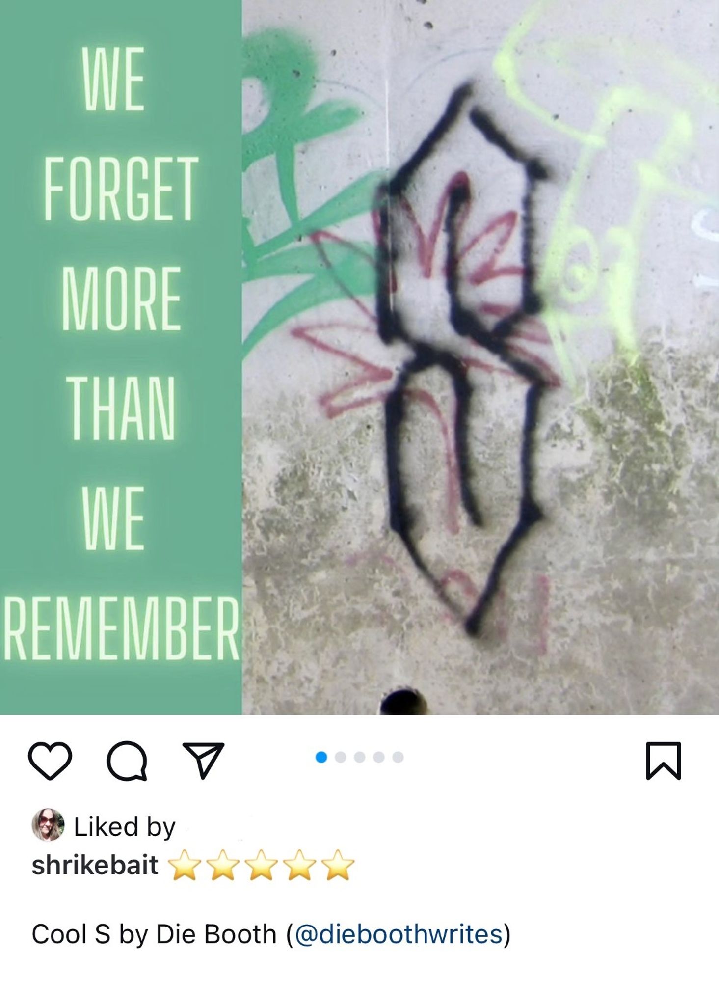 5 star review by Shrikebait for Cool S by Die Booth, includes an image of the Cool S book cover (a cool S spray painted onto a grey wall) and the quote "We forget more than we remember"