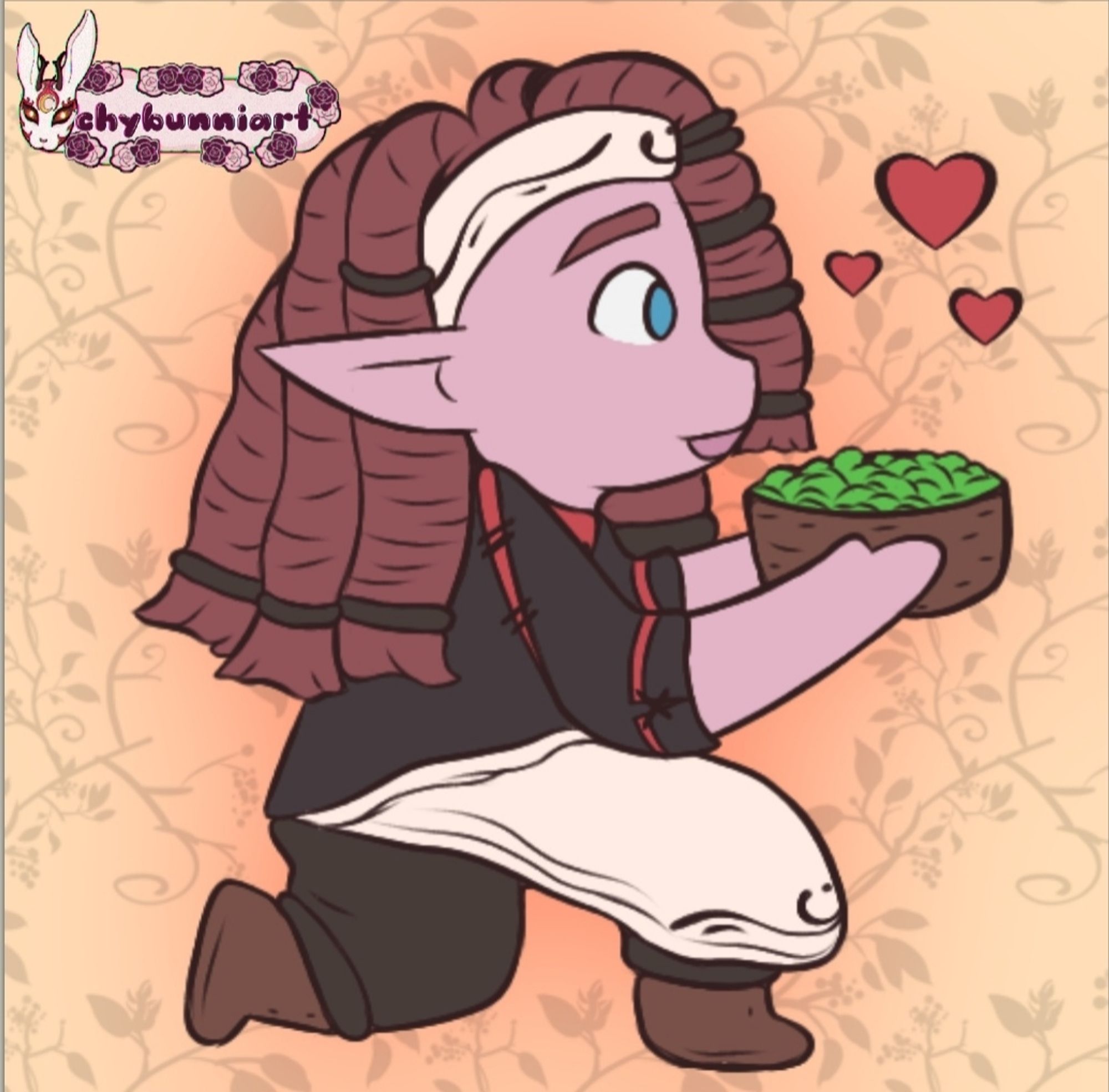 A chibi style illustration of Reth from Palia, a cozy mmo game with romance. 

He is kneeling like he is proposing with a bowl of lettuce soup