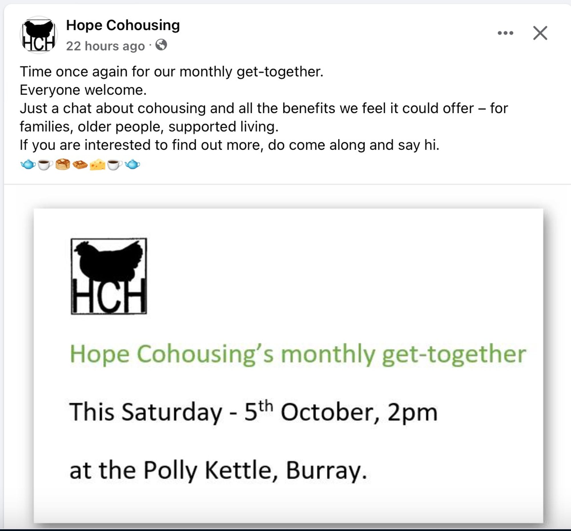 Invitation. Everybody welcome. Hope Cohousing's monthly get-together. This Saturday - 5th October, 2pm at the Polly Kettle, Burray. Orkney.