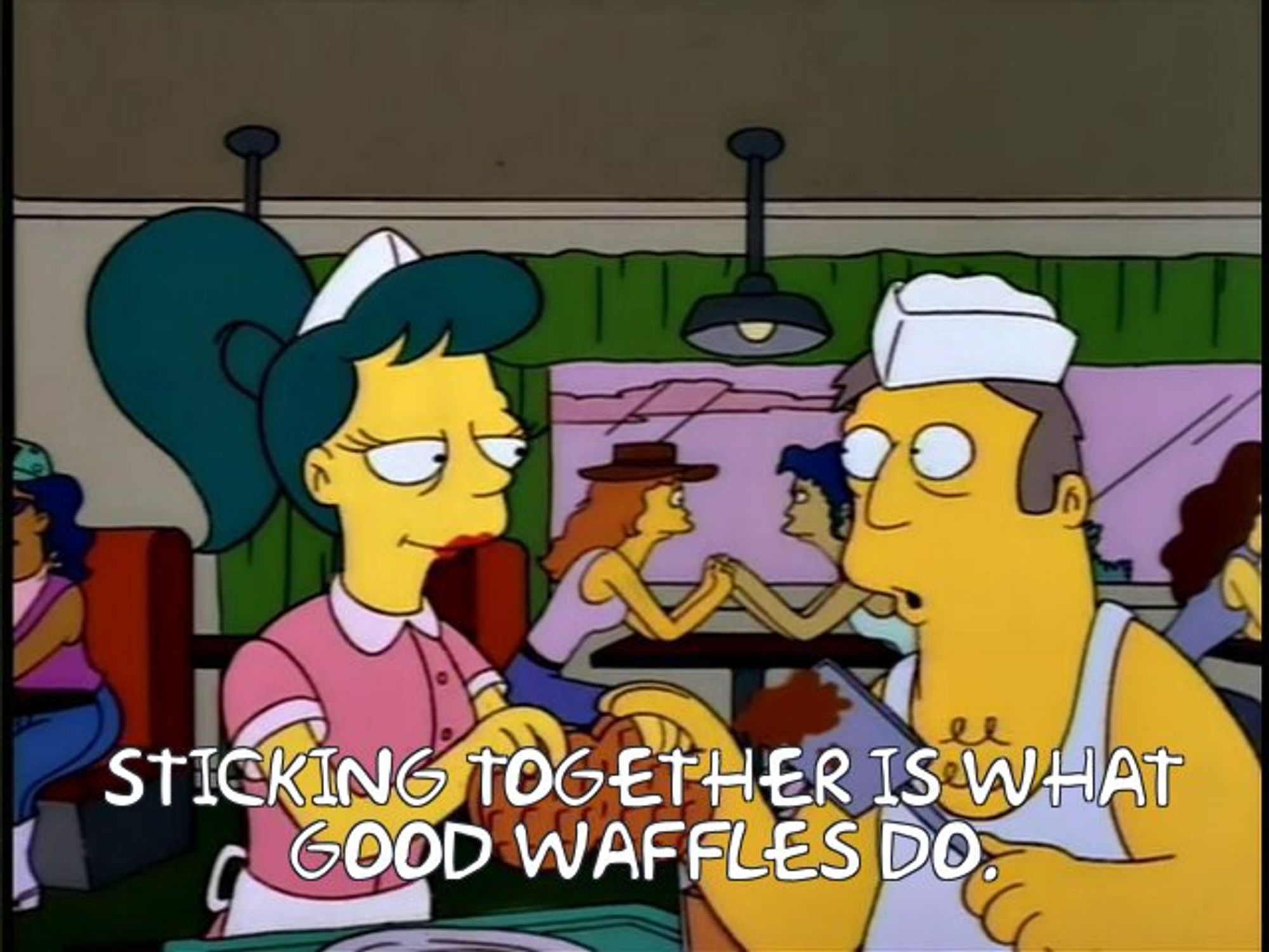 Simpsons scene: "Sticking together is what good waffles do."