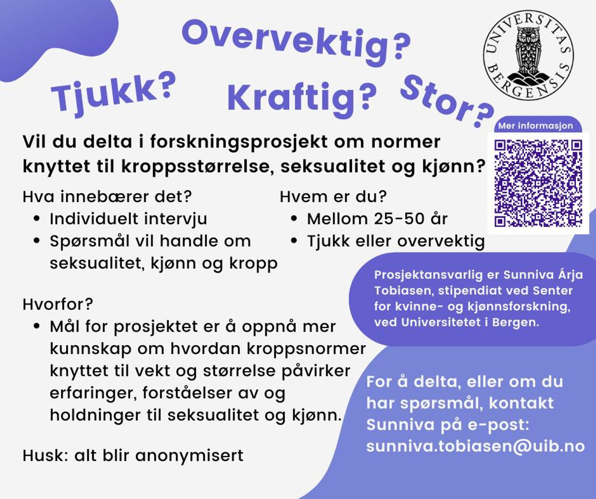 Plakat med informasjon om rekruttering til forskningsprosjekt om normer knyttet til kroppsstørrelse, seksualitet og kjønn.