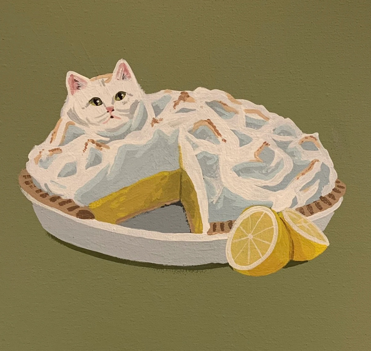 Acrylic painting of a lemon meringue pie against a background that is that terrible avocado color that was popular in the 70s. Among the swirls of lightly browned meringue on the pie appears the face and head of a white cat, seemingly an entity that IS the pie, not a cat that is inside the pie or on top of it.