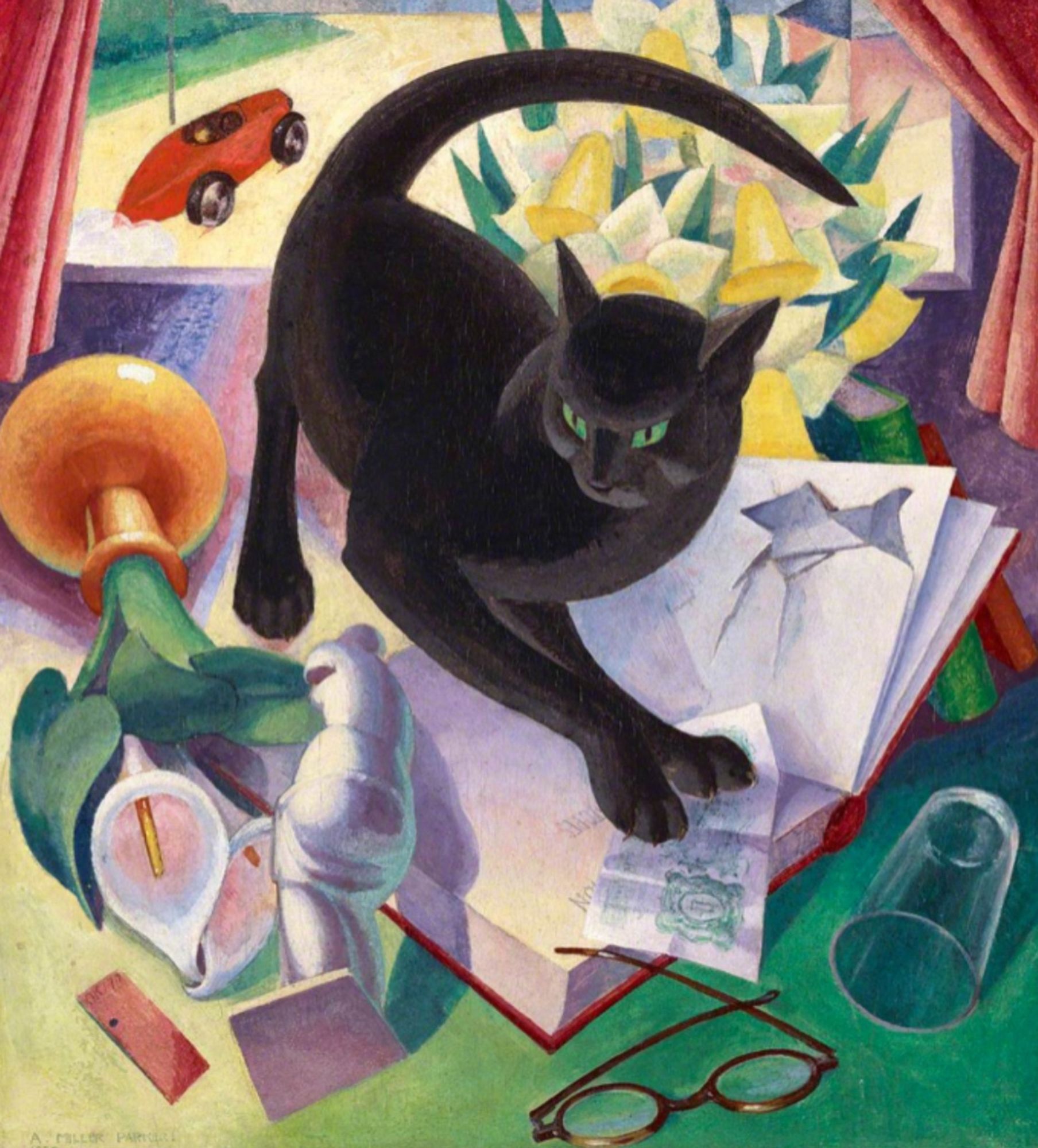 A stylized, gently angular tempera painting of a shorthaired black cat in the middle of a small scene of destruction. Surrounding him are an overturned flower vase and scattered paper and glasses and a knocked over drinking glass.