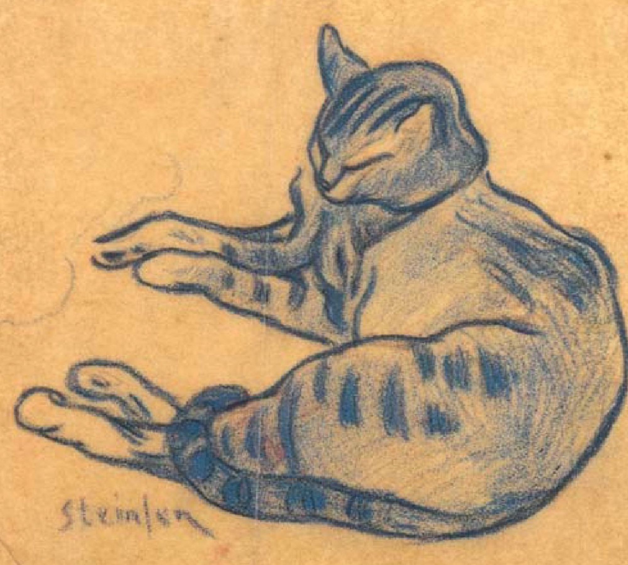 Sketch of a reclining, sleeping shorthaired tabby cat, rendered in pencil and blue pastels on yellowish off-white paper. Pleasingly flowing and blobby in form.