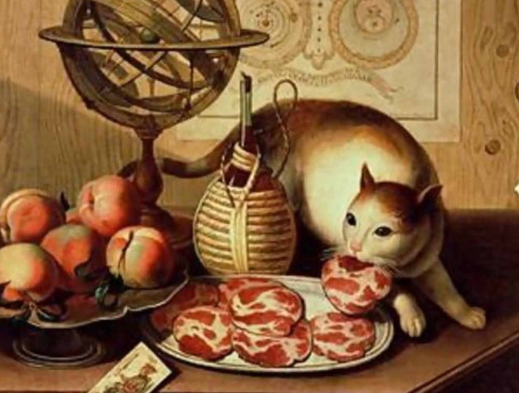 Oil painting of a white and ginger cat with strangely solid black eyes, standing on a table stealing a slice of fat-marbled cured meat from a tray. The cat is in a hunched, curved position like it knows it needs to make a run for it with its prize now.