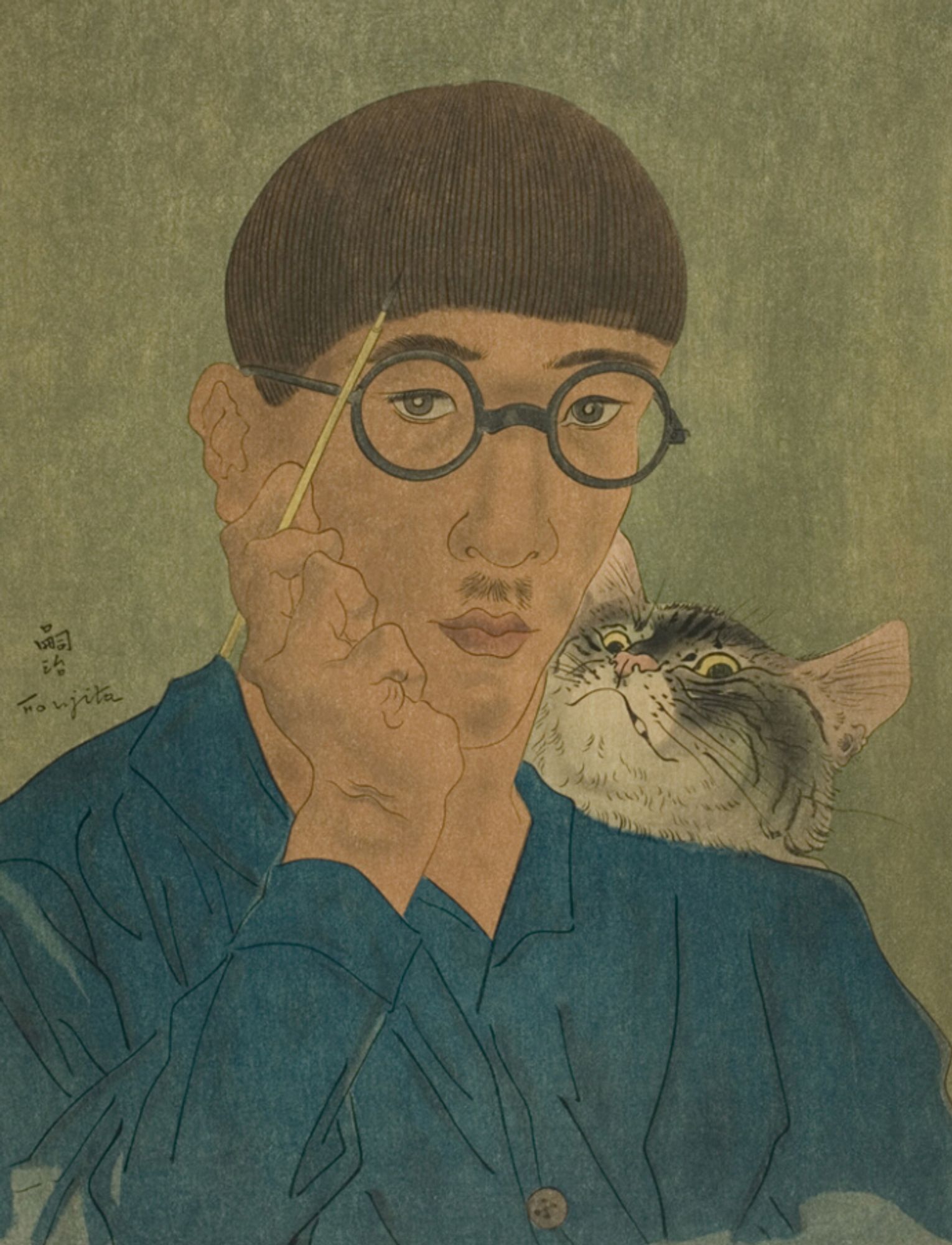 Color woodblock print of a Japanese man with a short bowl cut hairstyle, a tiny mustache, and glasses with dark, circular frames. He looks thoughtfully at the viewer while resting his chin on his right hand which also holds a paintbrush. Meanwhile a tuxedo tabby cat peers manically over his left shoulder.