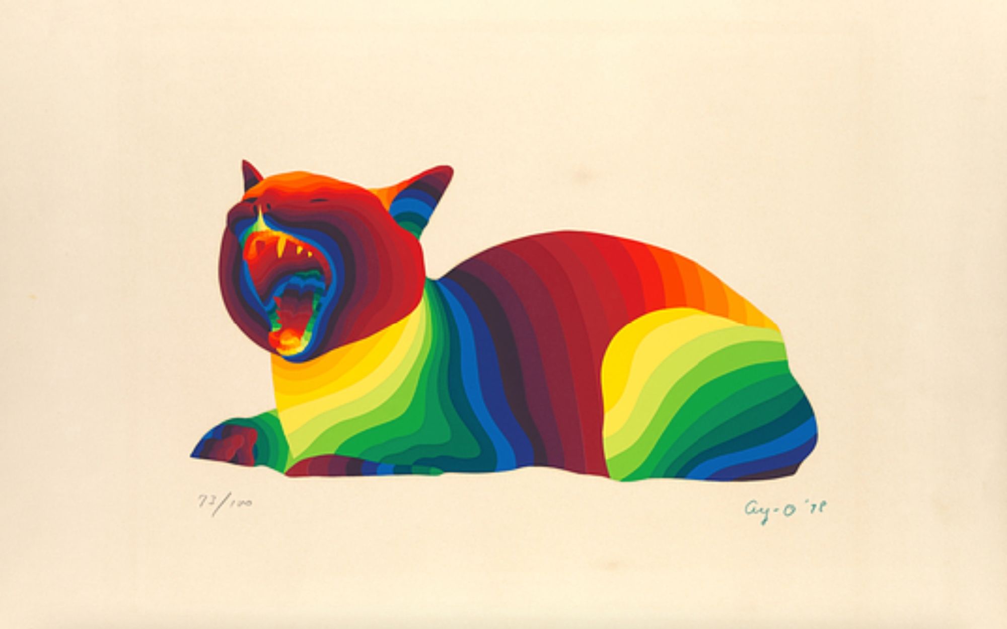 Image of a cat in loaf position, giving a wide yawn, but the cat is rendered entirely in slim, flowing bands of rainbow color on a cream background.