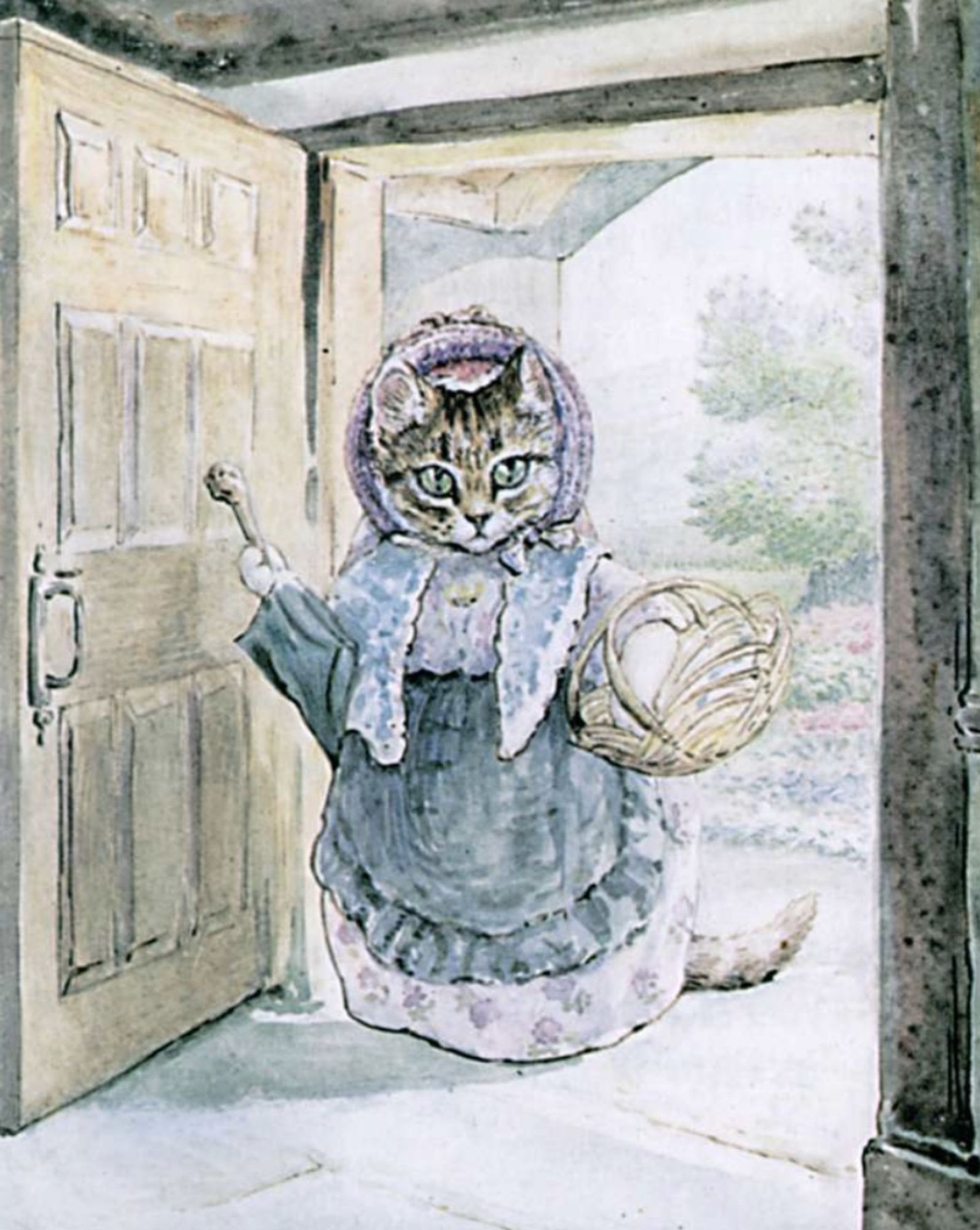 Beautiful watercolor painting of an anthropomorphized cat standing in an open doorway with sunlight pouring in from outside. She's a brown tabby cat with green eyes, wearing an adorable little country dress with frilled apron, shawl, and bonnet. In her paws she carries a closed parasol and a basket.