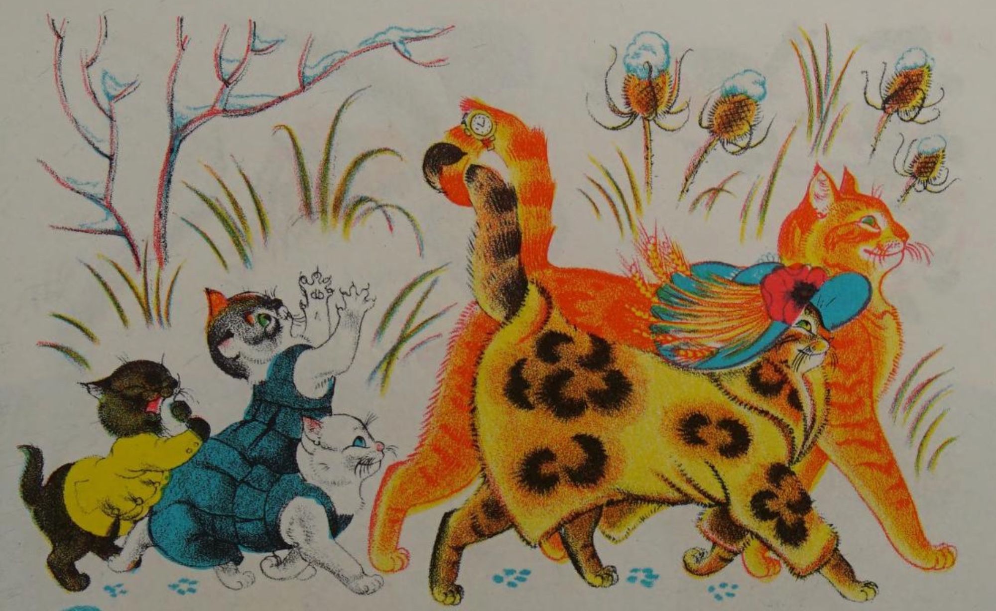 Vibrant illustration of a bright orange marmalade cat striding proudly along next to a brown tabby cat in a leopard print jacket and elaborate teal hat decorated with wheat and flowers. Behind them tumble along three kittens, a black one in yellow coat, a white one in a blue dress, and a calico in a matching blue dress. They are outside in a wintry nature scene.