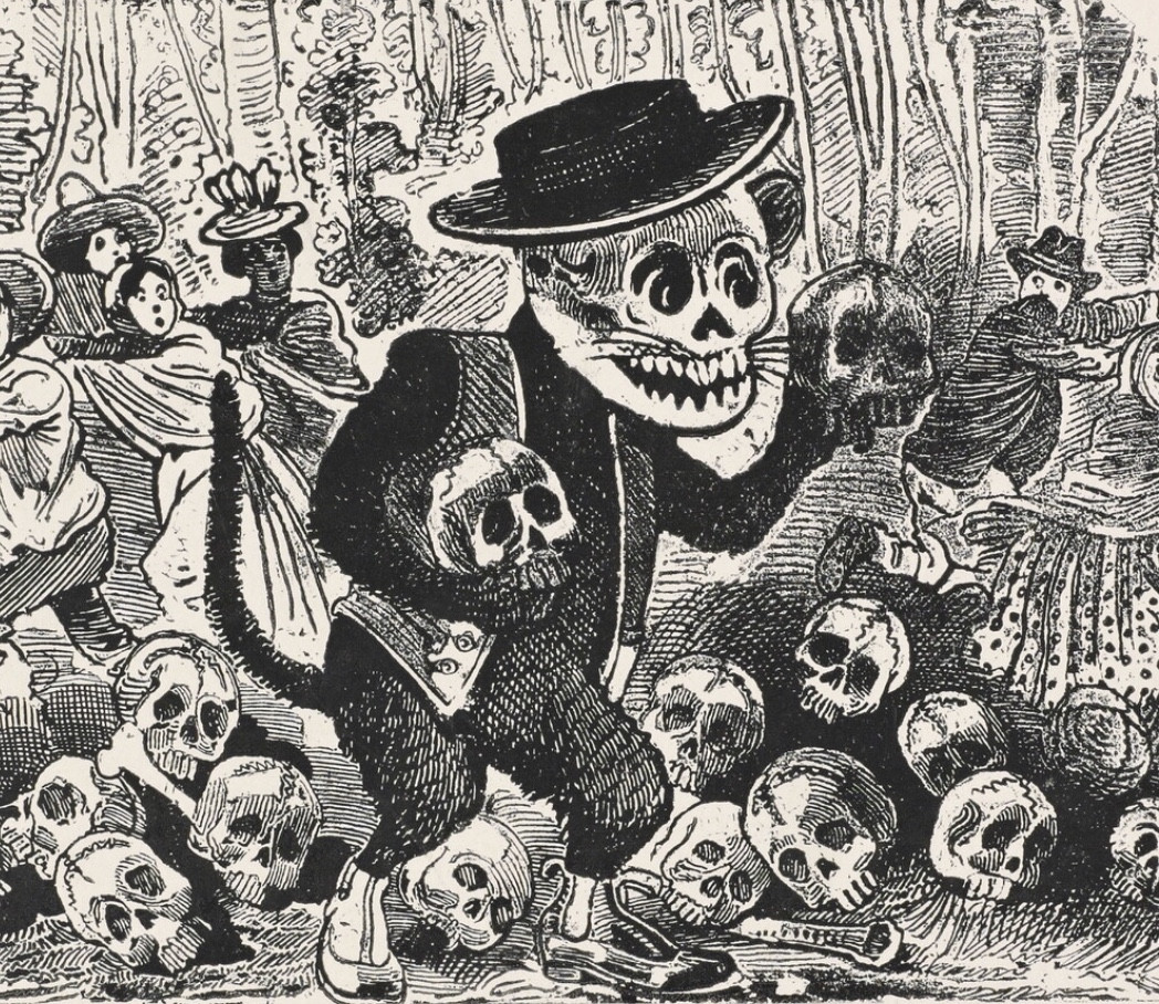 Black and white relief print of an anthopomorphized cat wearing shoes and a vest and hat, standing upright and carrying a skull in each paw. It also has a skull for ahead with whiskers poking out. It stands in front of a pile of skulls and bones, and there are Mexican people in the background looking at him and running away fearfully.