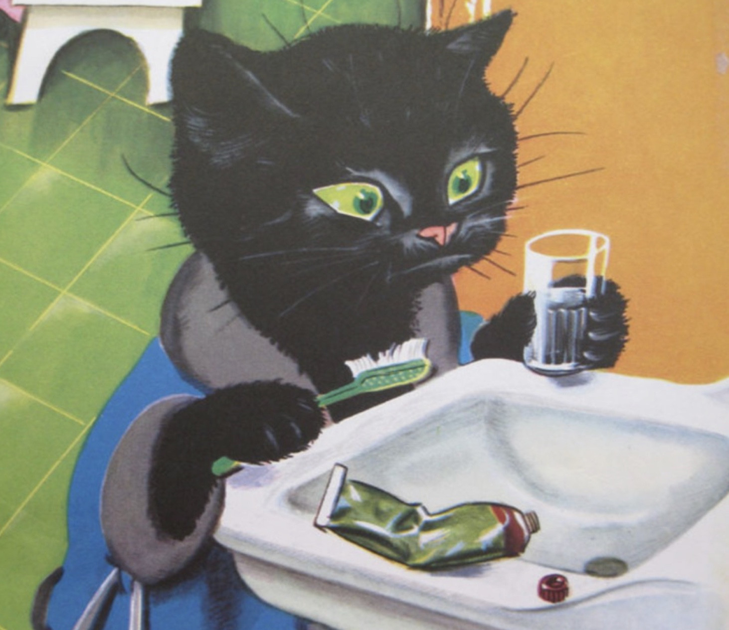 A color illustration of a black cat with green eyes wearing a blue and grey bathrobe, standing at a bathroom sink with a toothbrush in one paw and glass of water in the other, his little face looks like he is swishing water inside his mouth.