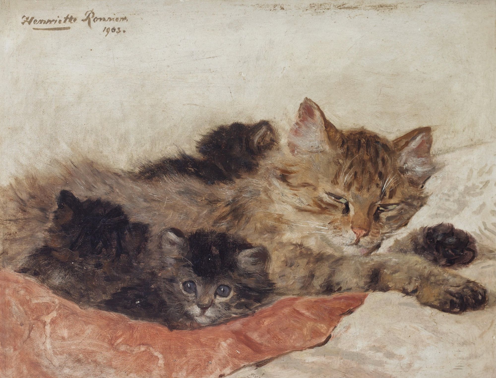 Oil painting of a light brown medium haired tabby cat sprawled on a bed with her eyes half closed, looking very, very sleepy. She is surrounded by three fluffy dark brown tabby kittens tucked in around her. Two look like they are snoozing but one looks brightly around with those blue eyes that they have before the true color develops.