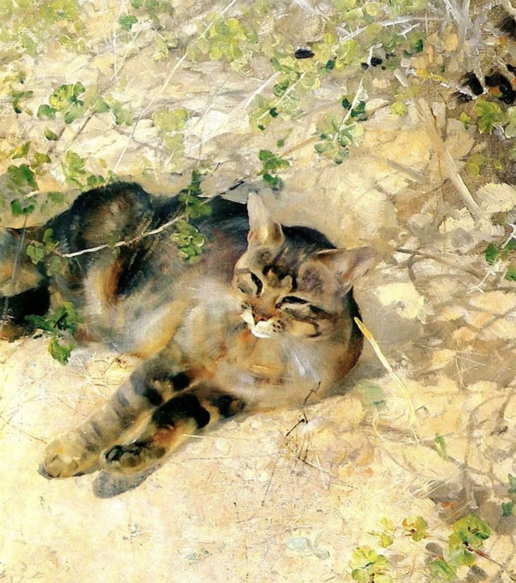 Surprisingly modern looking oil painting of a brown tabby cat snoozing on the ground with some small, delicate branches with green leaves above it and inching into the painting from the sides. Many western paintings of this era tended to be quite heavy and done in layers of oil paint. By comparison this is very airy and summery and has the light, ethereal feeling of a watercolor.