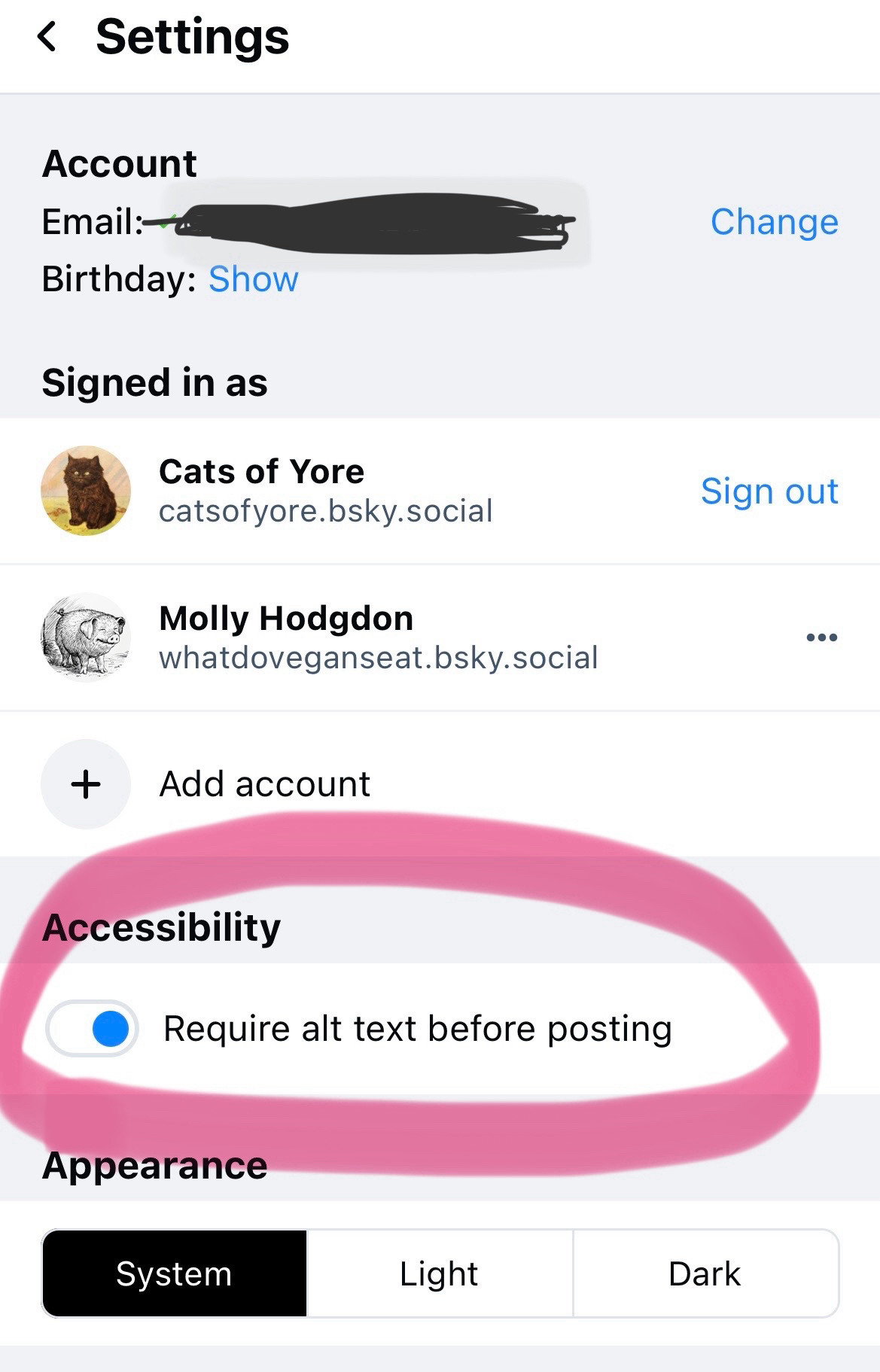 Screenshot of my settings screen. The accessibility section with “require alt text before posting” is highlighted by a hand drawn dark pink oval drawn around it.