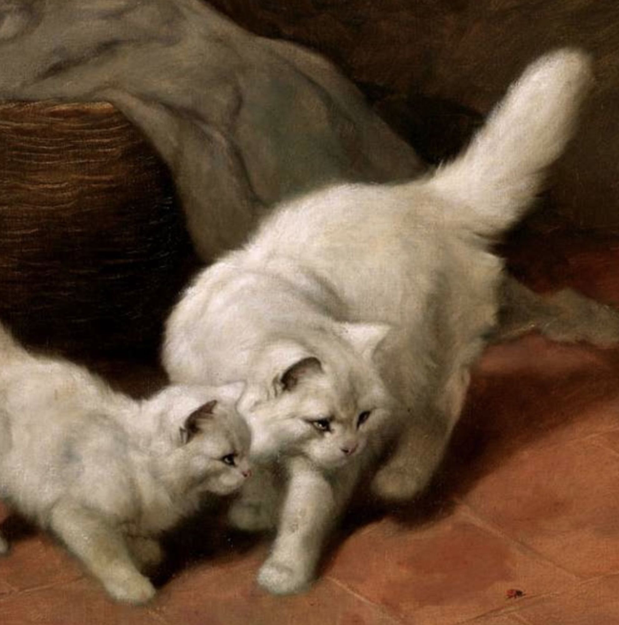 Oil painting of a fluffy white cat and a smaller white cat which is presumably its kitten. They are both laser focused on a tiny red and black bug that is crawling away from them on a terra cotta colored tiled floor.