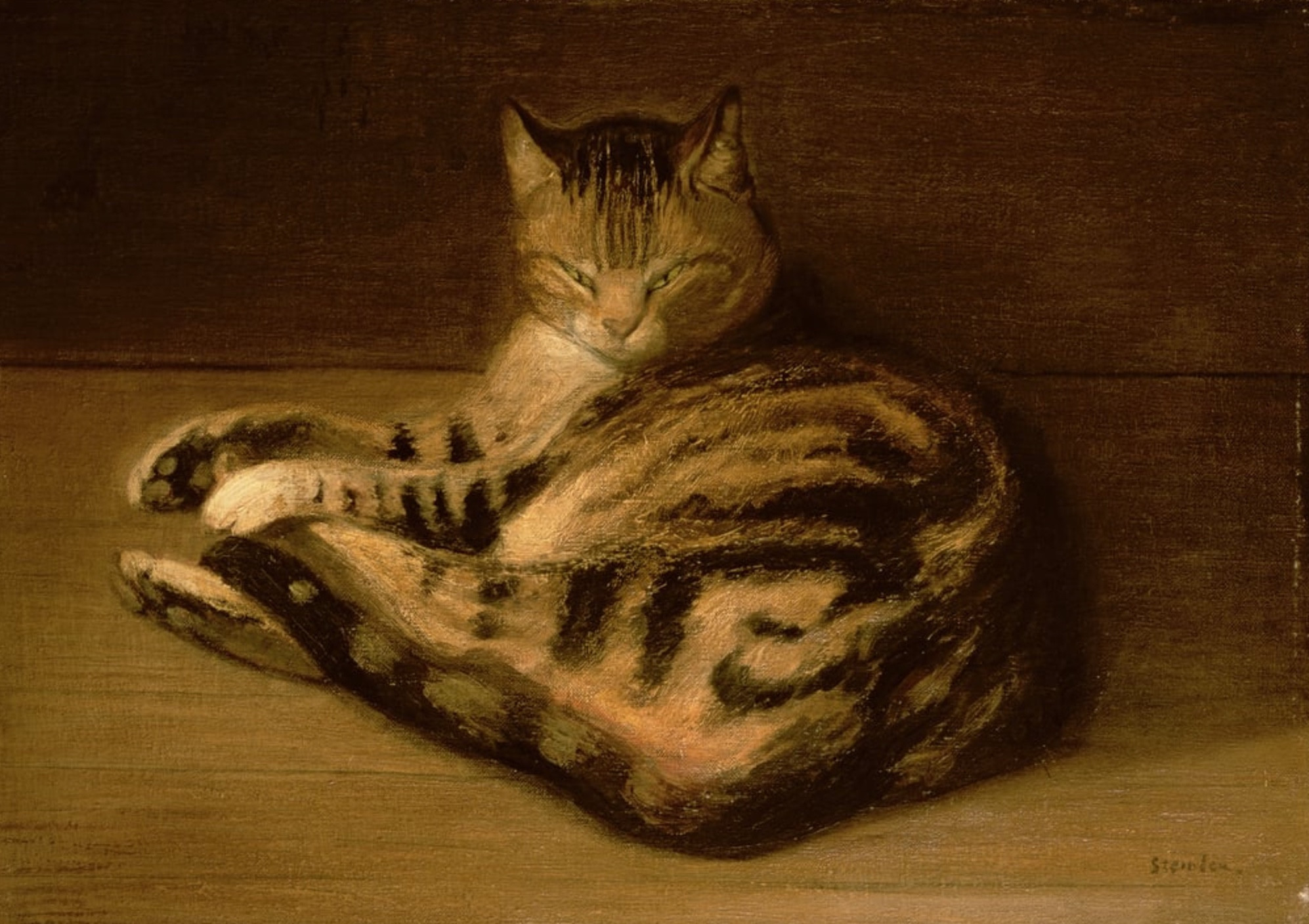 Beautiful, warm oil painting of a shorthaired brown tabby cat lying on its side, looking through slitted eyes at the viewer as if slightly annoyed at having been waken up from a nap. Like many cats painted by Steinlen this one shows off the flowing lines, soft textures, and almost liquid physical properties that cats possess.