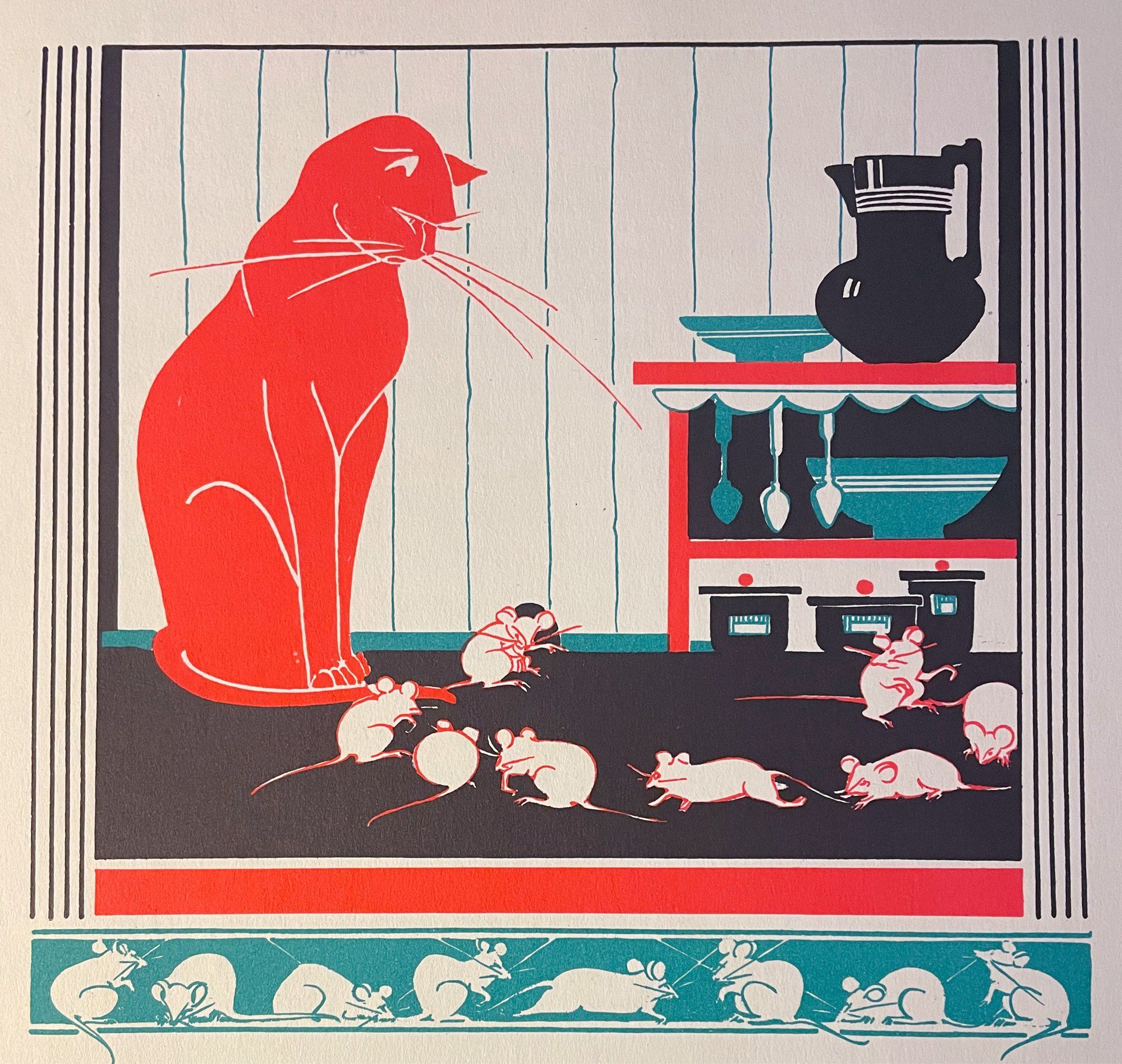 Bold art deco style illustration in black, white, teal, and red. It depicts a slim red cat sitting up  on a kitchen floor, calmly watching while little white mice run rampant around the room. A pretty teal decorative border of more white mice runs along the bottom.