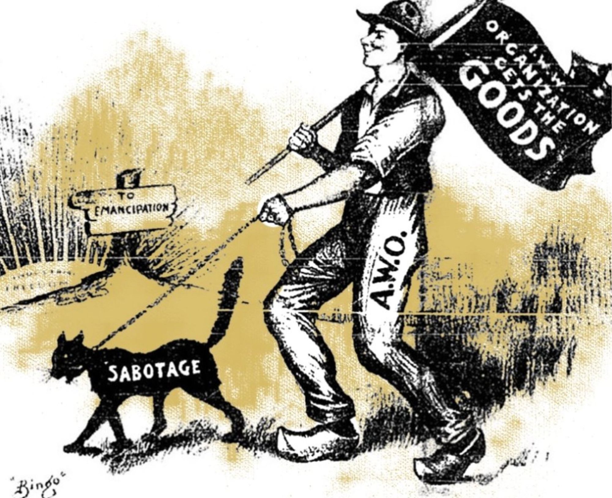 Political cartoon depicting a white man in working clothes labeled "A.W.O" (Agricultural Workers Organization). He is bearing a black flag that reads in white "I.W.W. organization gets the goods" (I.W.W. stands for Industrial Workers of the World). In front of him on a leash is a slim shorthaired black cat that is labeled "sabotage". In the distance a wooden sign indicates that they are traveling "to emancipation" and written on the sun that is peeking over the hills it says "Industrial freedom".