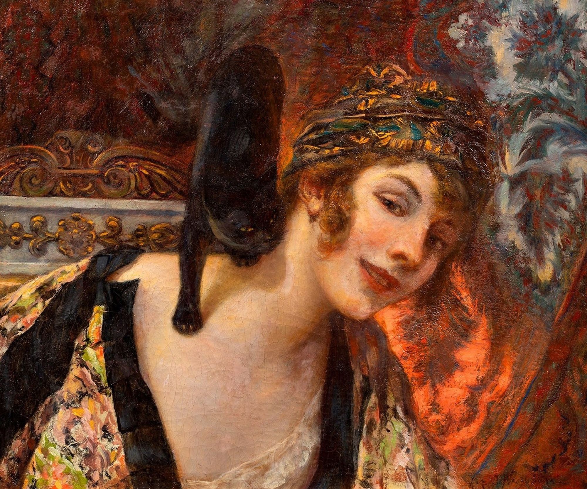 Oil painting of a beautiful pale white woman with reddish brown hair capped with a scarf of gold, brown, and turquoise tones and wearing a floral blouse with wide black trim that hangs loosely from her shoulders. She is laughing and leaning to the right side because a shorthaired black cat is walking boldly across her bare left shoulder.