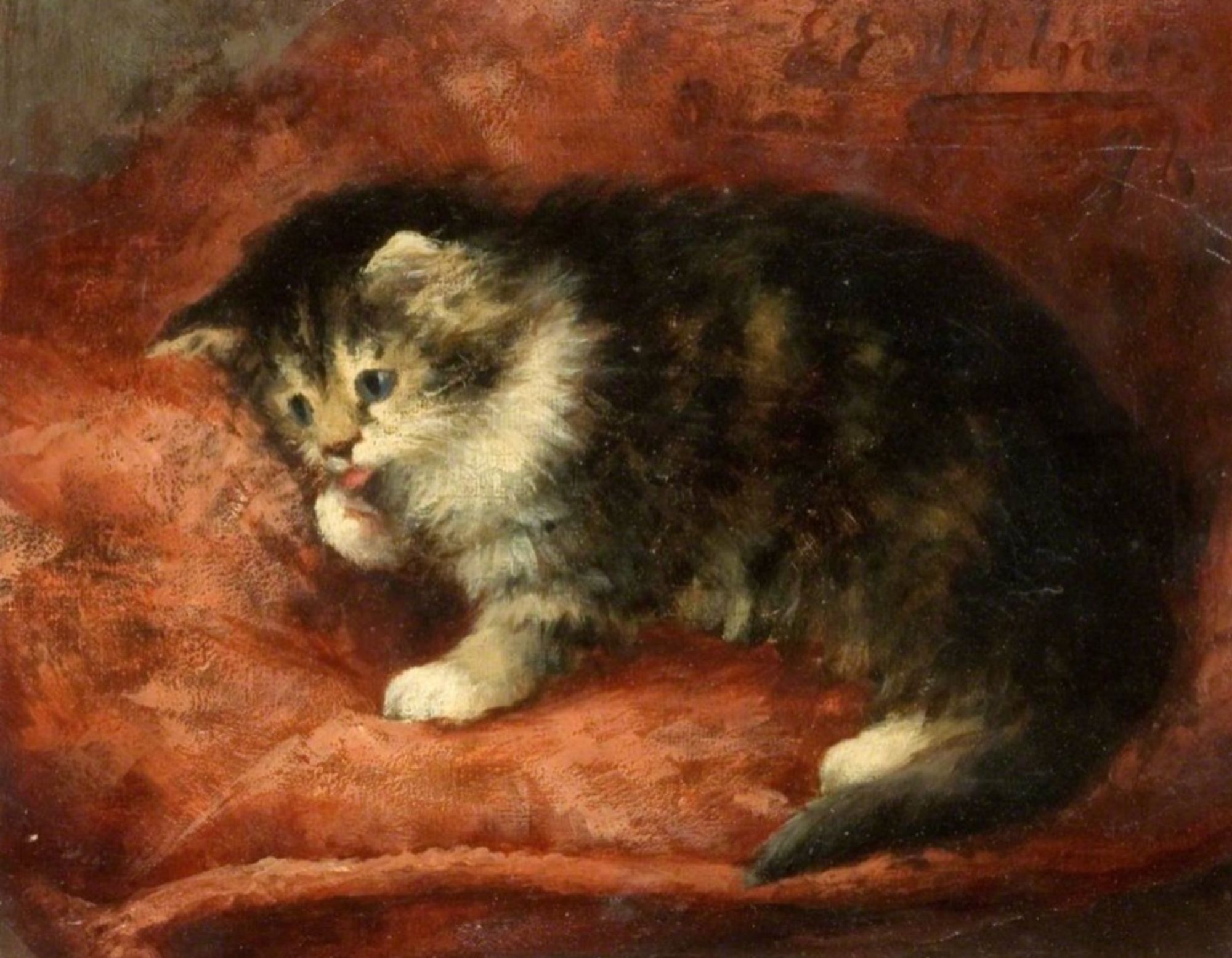 Oil painting of a little brown tuxedo tabby on a red cushion, licking its right forepaw, its teeny pink tongue is visible. Everything about him is so round and soft looking.