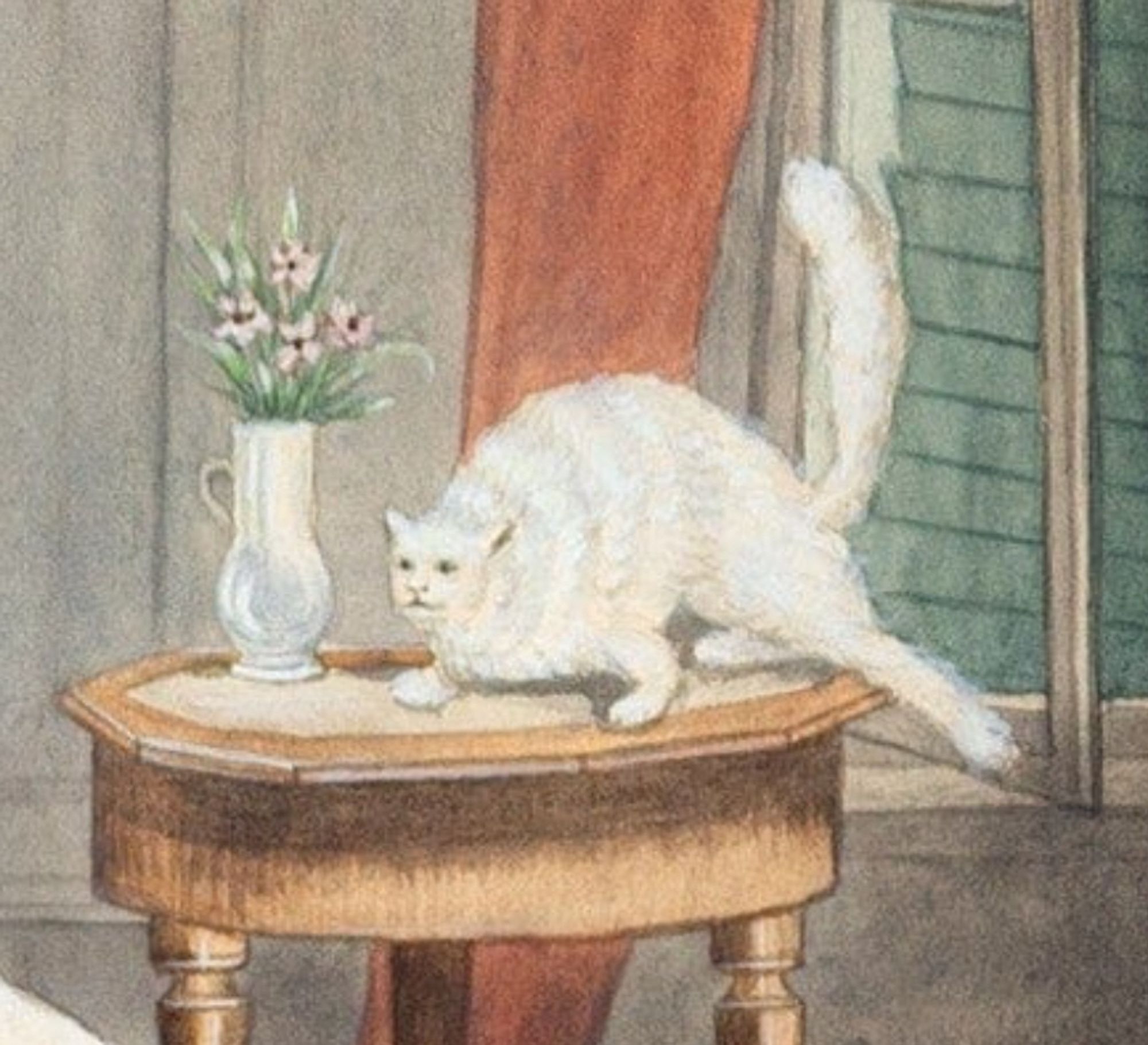 Portion of a watercolor painting depicting a white medium haired cat sneaking in an open window onto a small table with a vase on flowers on it. The posture of the cat is extremely odd with its uncomfortably anthropomorphic face pressed back into its chest, forelegs that seem strangely short and attach to an unusually thick chest, tail straight up in the air, and one back leg splayed out awkwardly behind it. In the full picture you can see the cat is creeping toward a bird in a cage that is held by a sleeping lady.