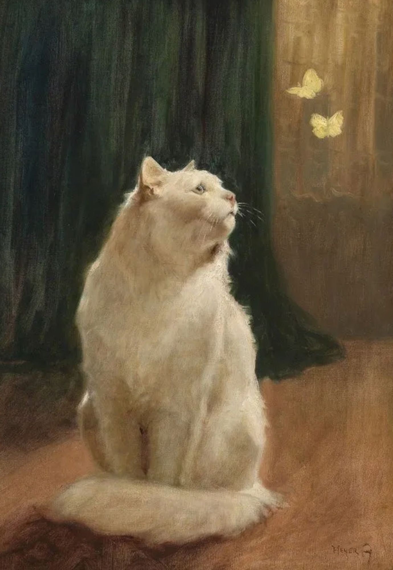 Oil painting of a medium haired white cat sitting up with its tail wrapped around its front paws. It looks up at two little yellow butterflies that flutter in the upper right, which is also where the light originates and spills over the cat's upturned face. It looks placid, dreamy, angelic.